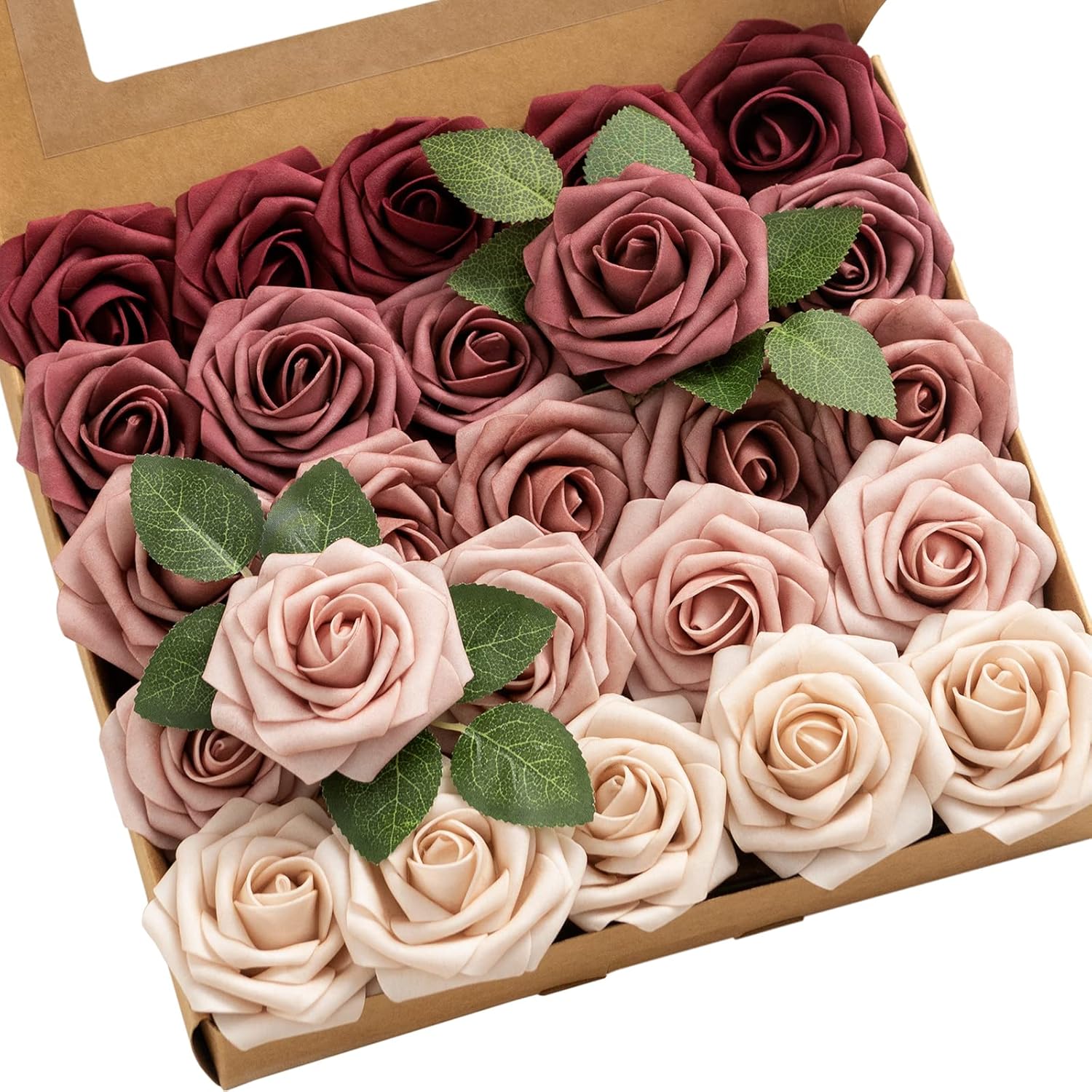 Ling's Moment Artificial Flowers, 25Pcs 3" Roses in Burgundy Mauve Shades, Reali...