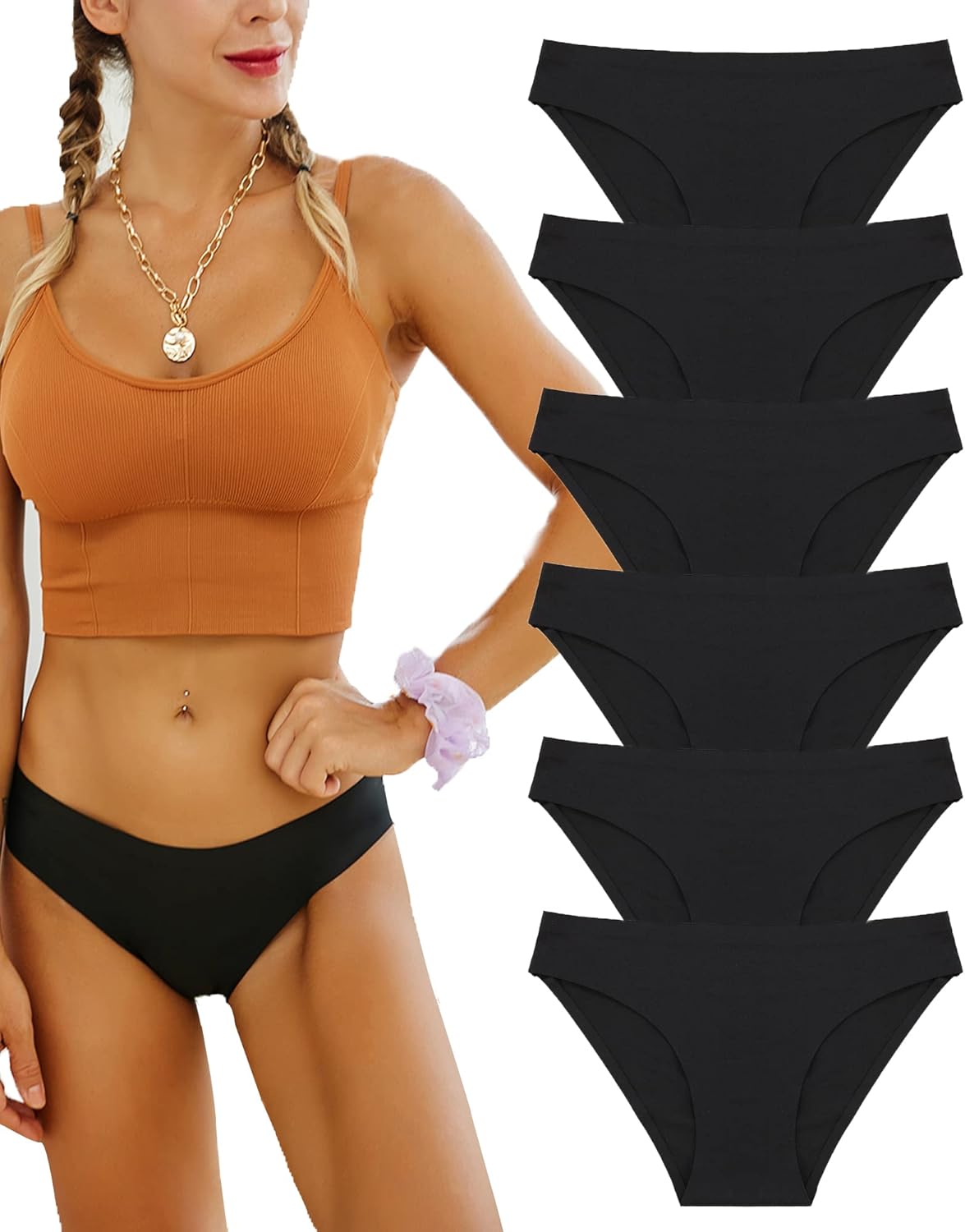 FINETOO 6 Pack Women's Seamless Hipster Underwear No Show Panties Invisibles Kni...