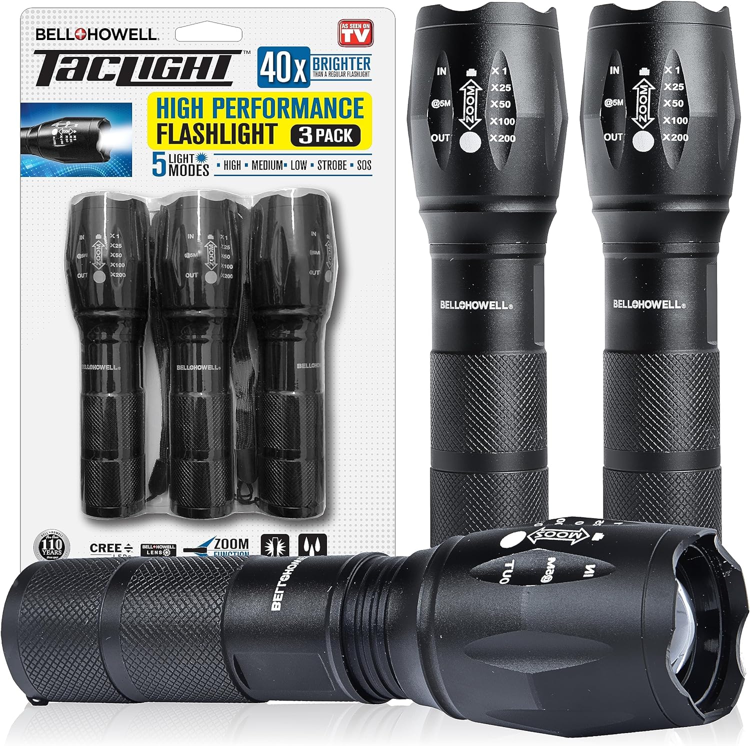 TacLight 3 Pk Tactical Flashlights High Lumens, Super Bright Led Flashlights, Zo...