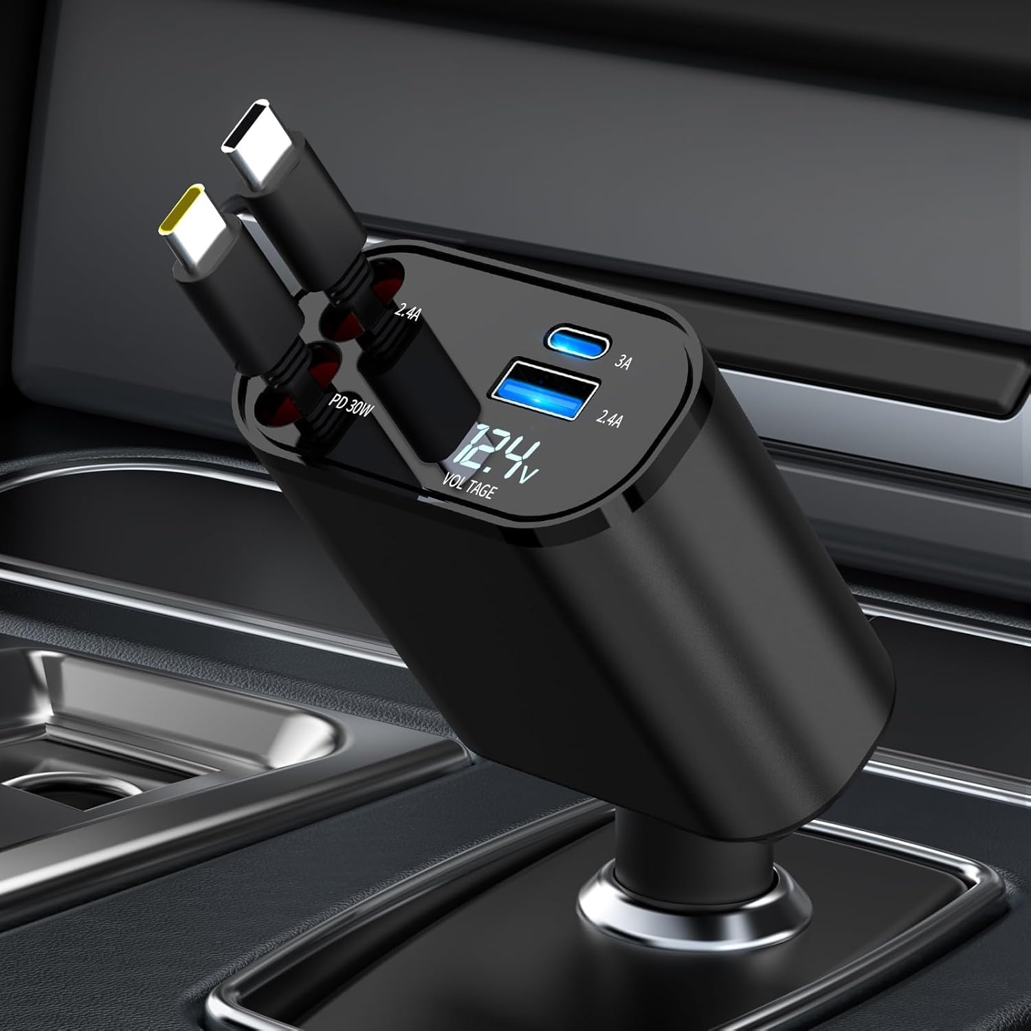 Retractable Car Charger Compatible with Galaxy Pixel, 4 in 1 Fast Charging Car C...