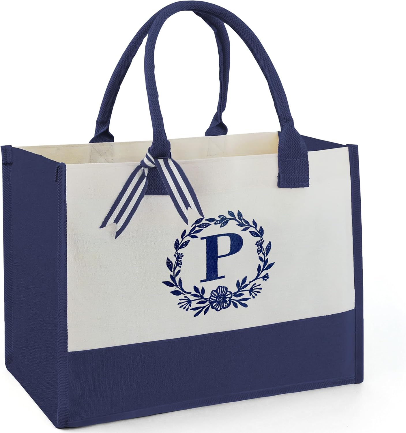 BeeGreen Monogram Initial Canvas Bag with Inner Zipper Pocket Embroidery Persona...