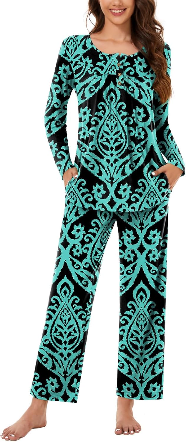 Bestbee Women's Pyjamas Set, 2 Piece Pleated Nightwear Set Long Sleeve Long Pant...
