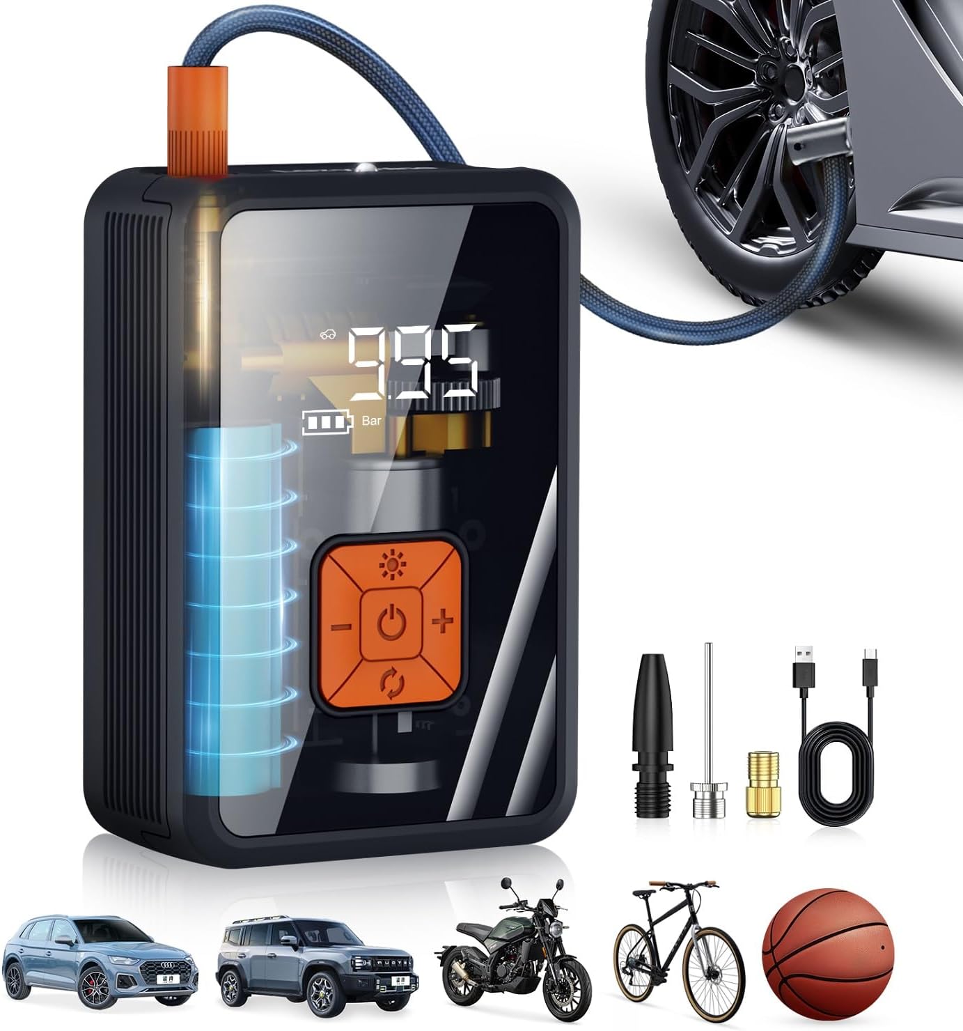 Portable Air Pump for Car Tires, 150 PSI Tire Inflator Cordless with LED Light,...