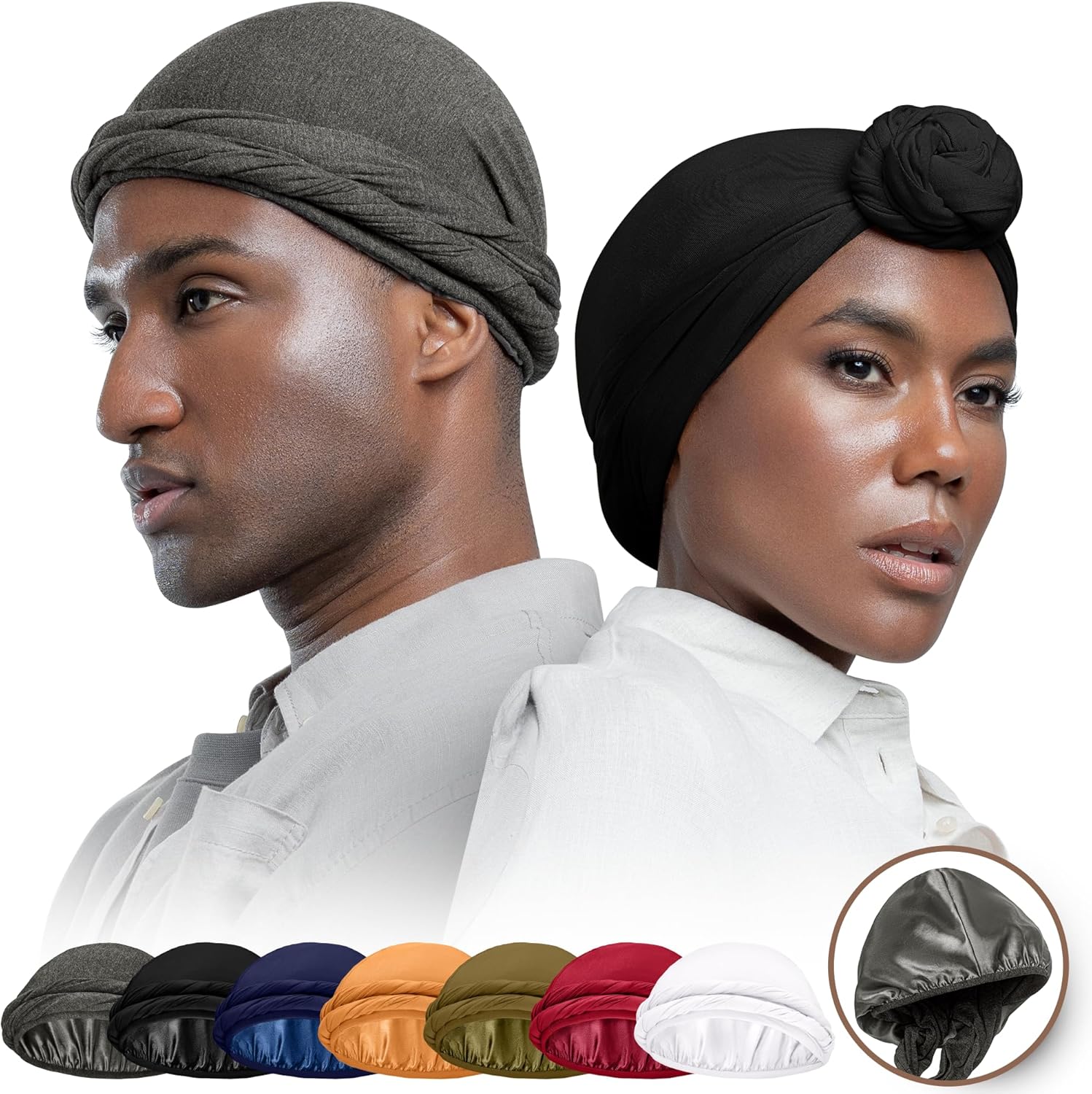 Silk Satin Lined Halo Turban Head Wrap Pre-Tied Skull Cap for Men and Women Slee...