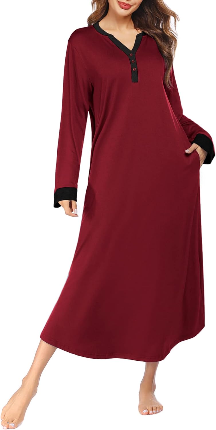 Ekouaer Womens Nightgown Long Loungewear V Neck Nightshirt Sleepwear Full Length...