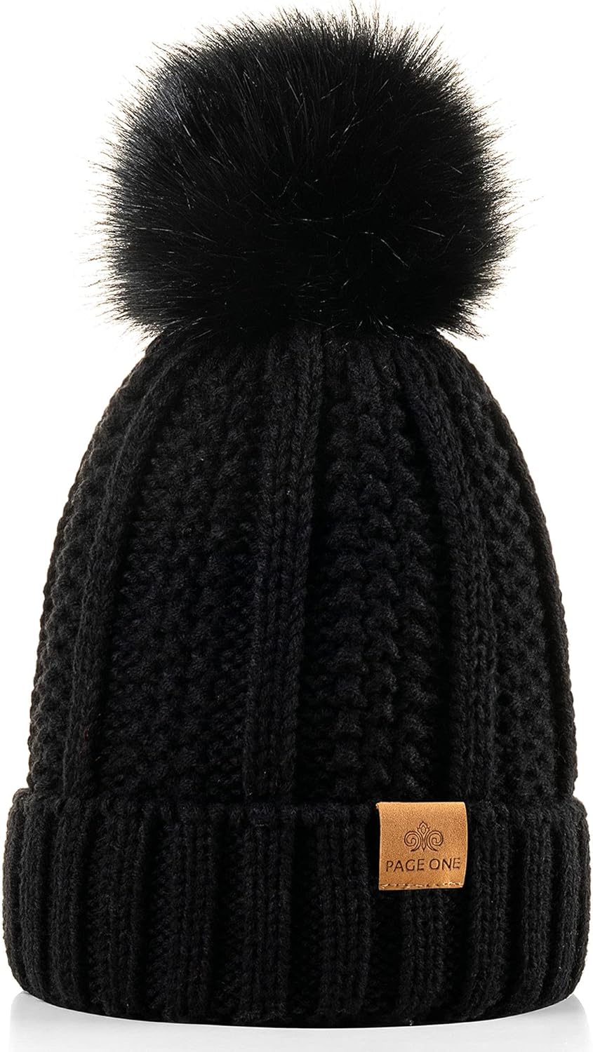 PAGE ONE Womens Winter Thick Cable Knit Beanie Faux Fur Pom Hat Fleece Lined Sku...