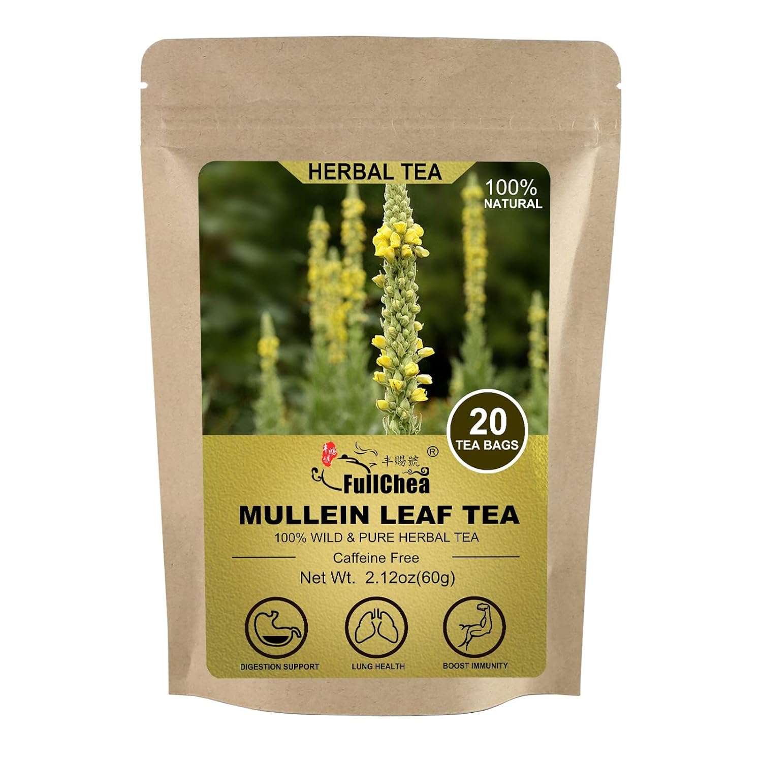 FullChea -Mullein Leaf Tea Bags, 20 Teabags, 3g/bag For Lungs - Non-GMO - Caffei...