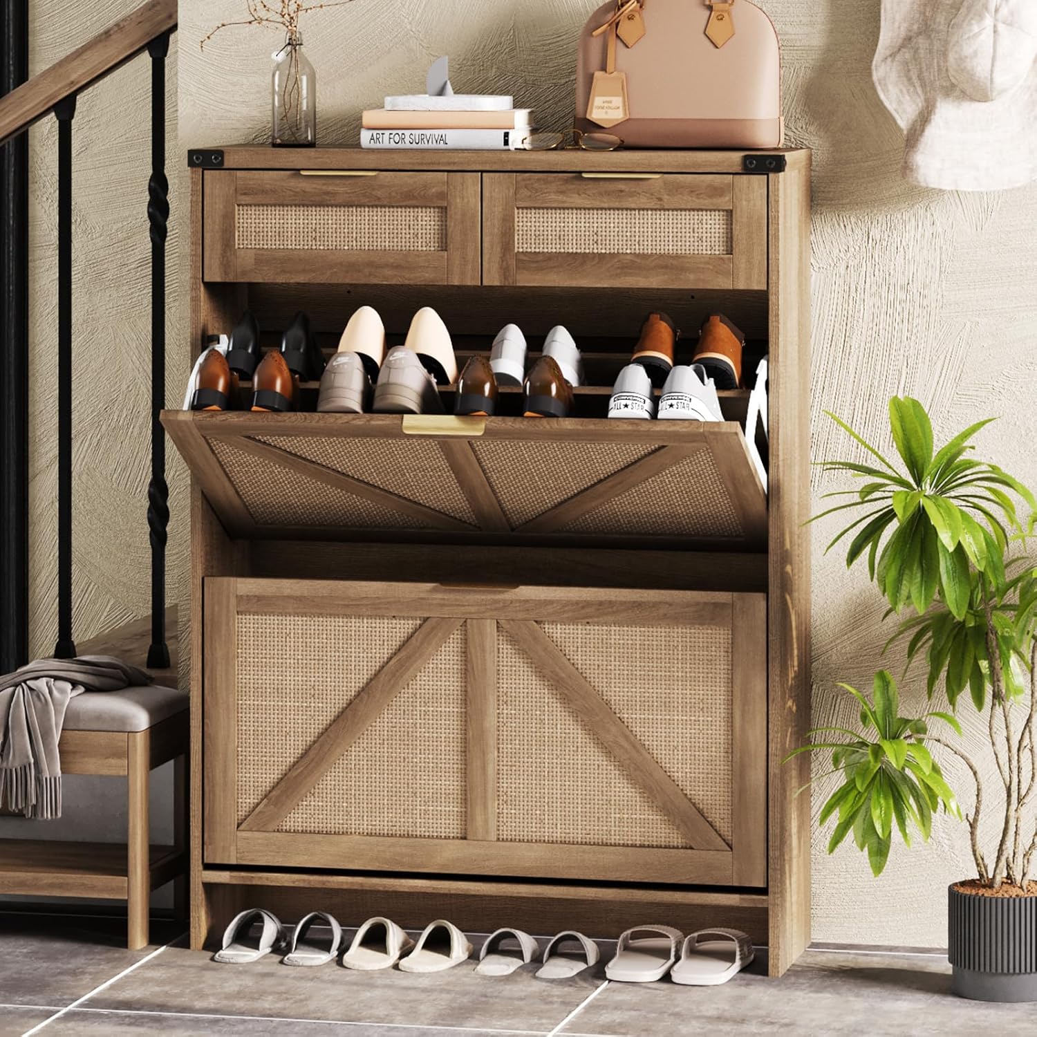 Shoe Storage Cabinet with 2 Flip Drawers & 2 Drawers,Shoe Cabinet Storage with L...