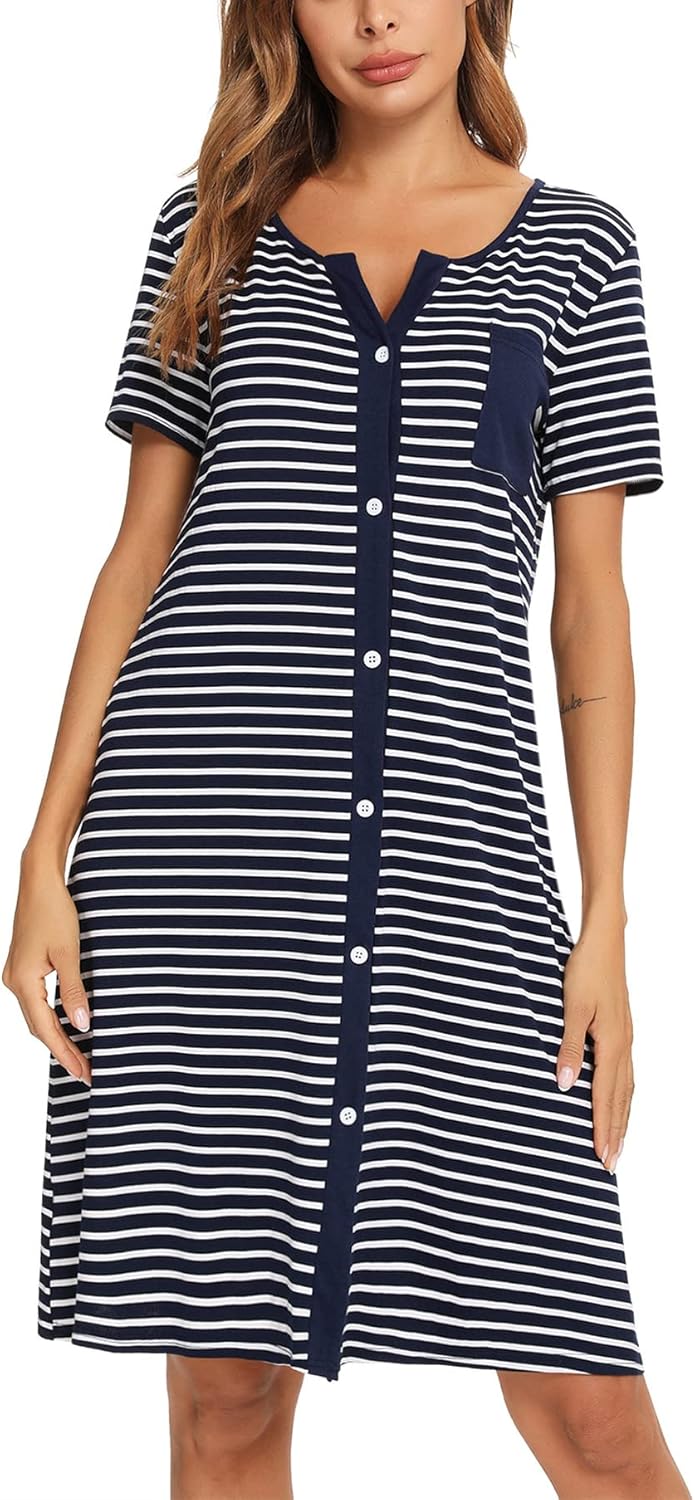 Marvmys Women’s Nightdresses Soft Cotton Nightshirt Stripe Sleep Dress Button-Up...