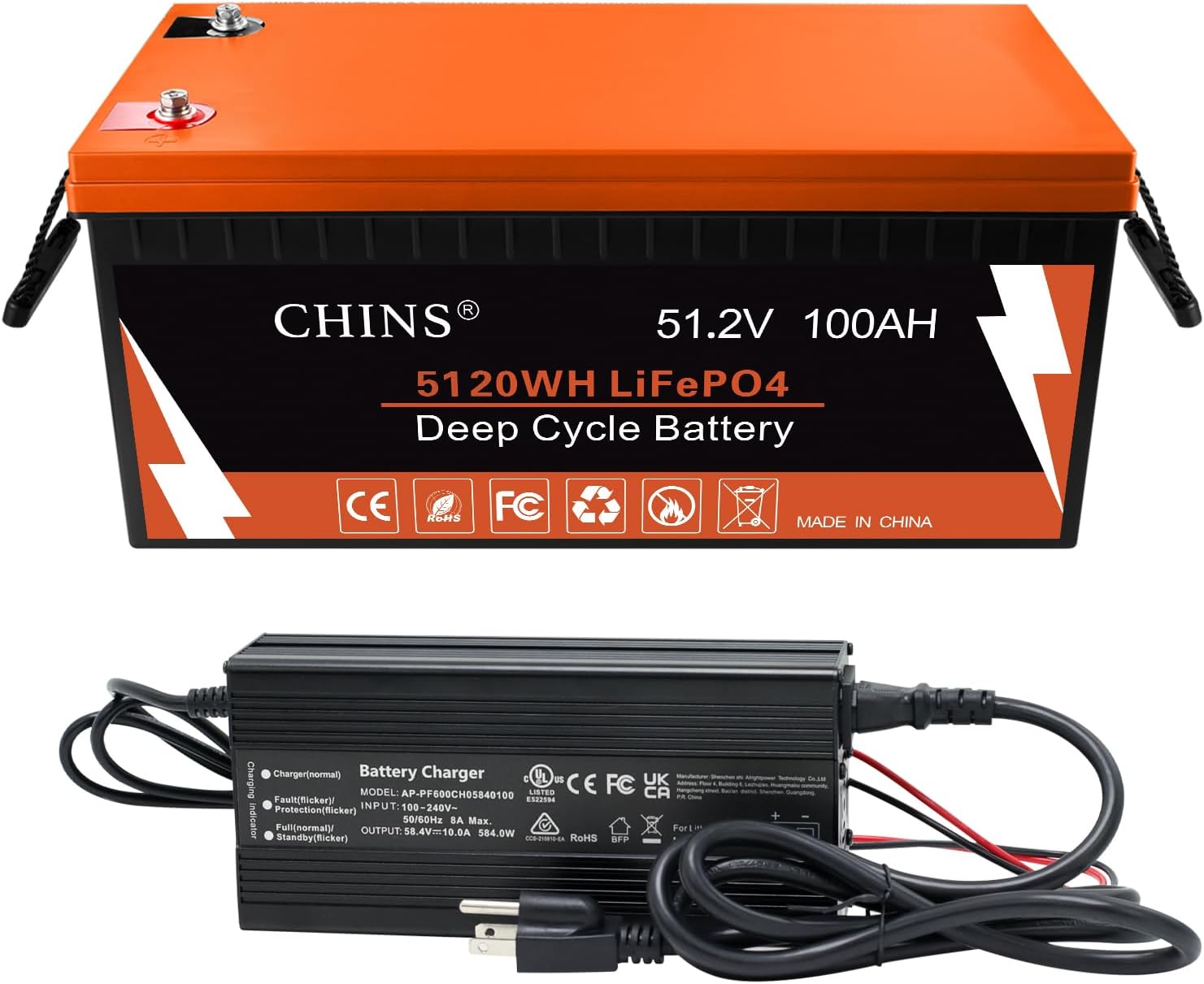 CHINS Bluetooth LiFePO4 Battery Smart 48V 100AH Lithium Battery, Includes 48V 10...