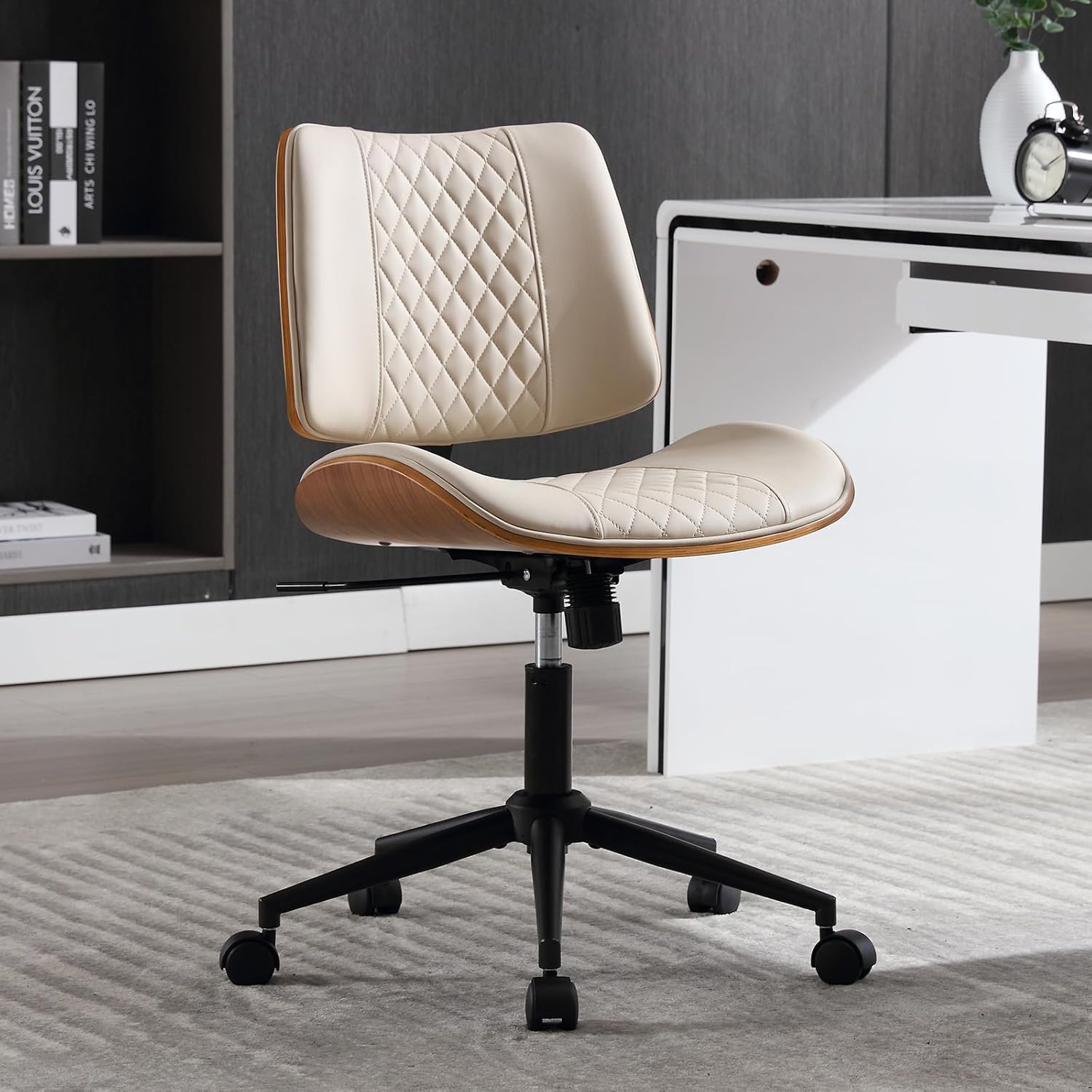 Home Office Chair No Arms with Wheels, Adjustable Height Small Desk Chair, PU Le...