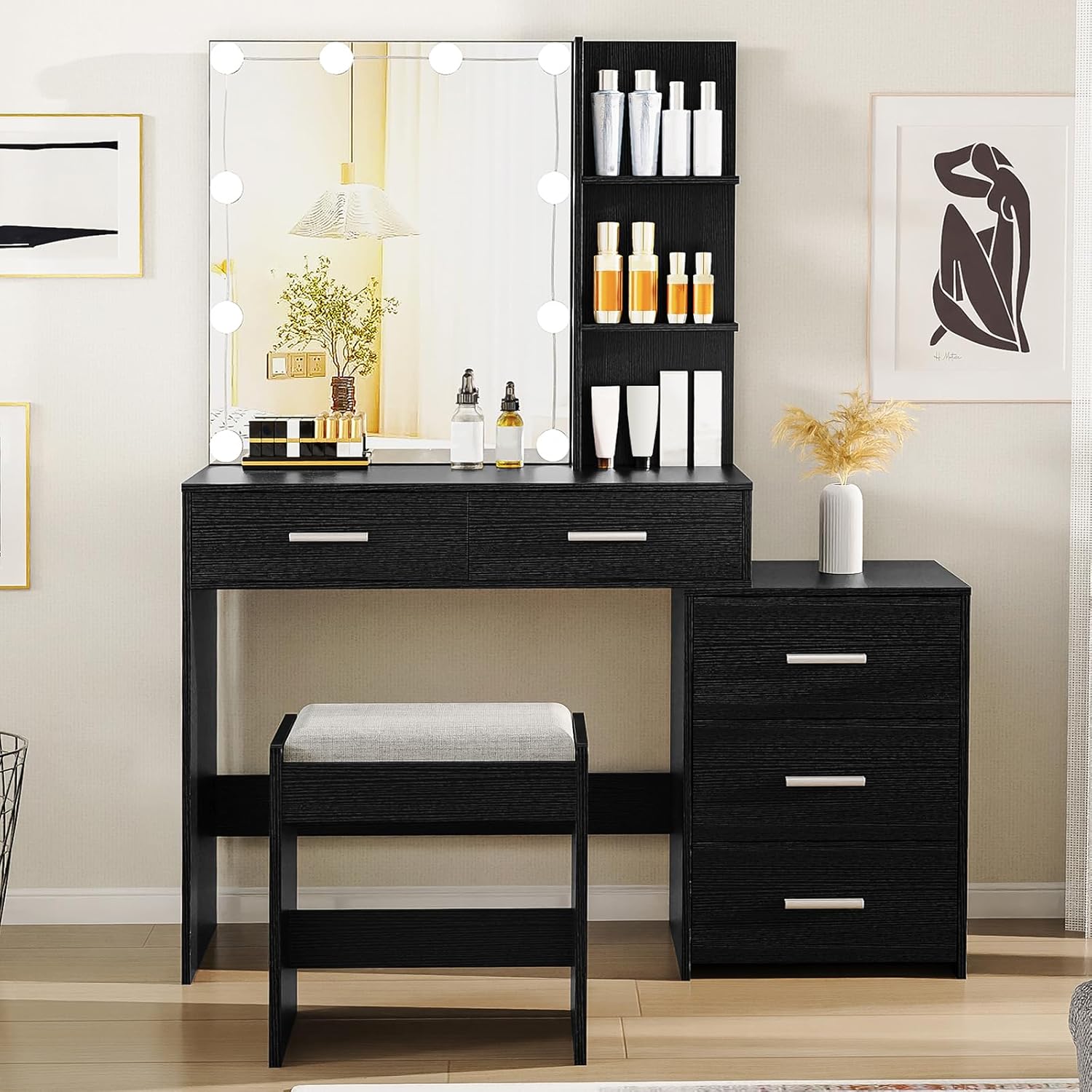 usikey 43.5in Large Vanity Desk with Mirror and 10 LED Lights, Makeup Vanity Tab...