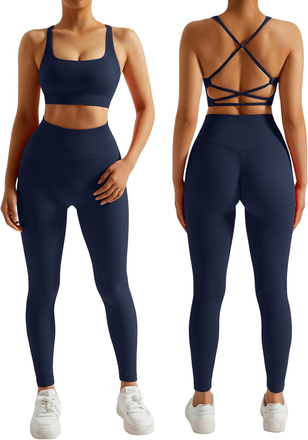 RXRXCOCO Ribbed Workout Sets for Women 2 Piece Backless Strappy Sports Bra Seaml...