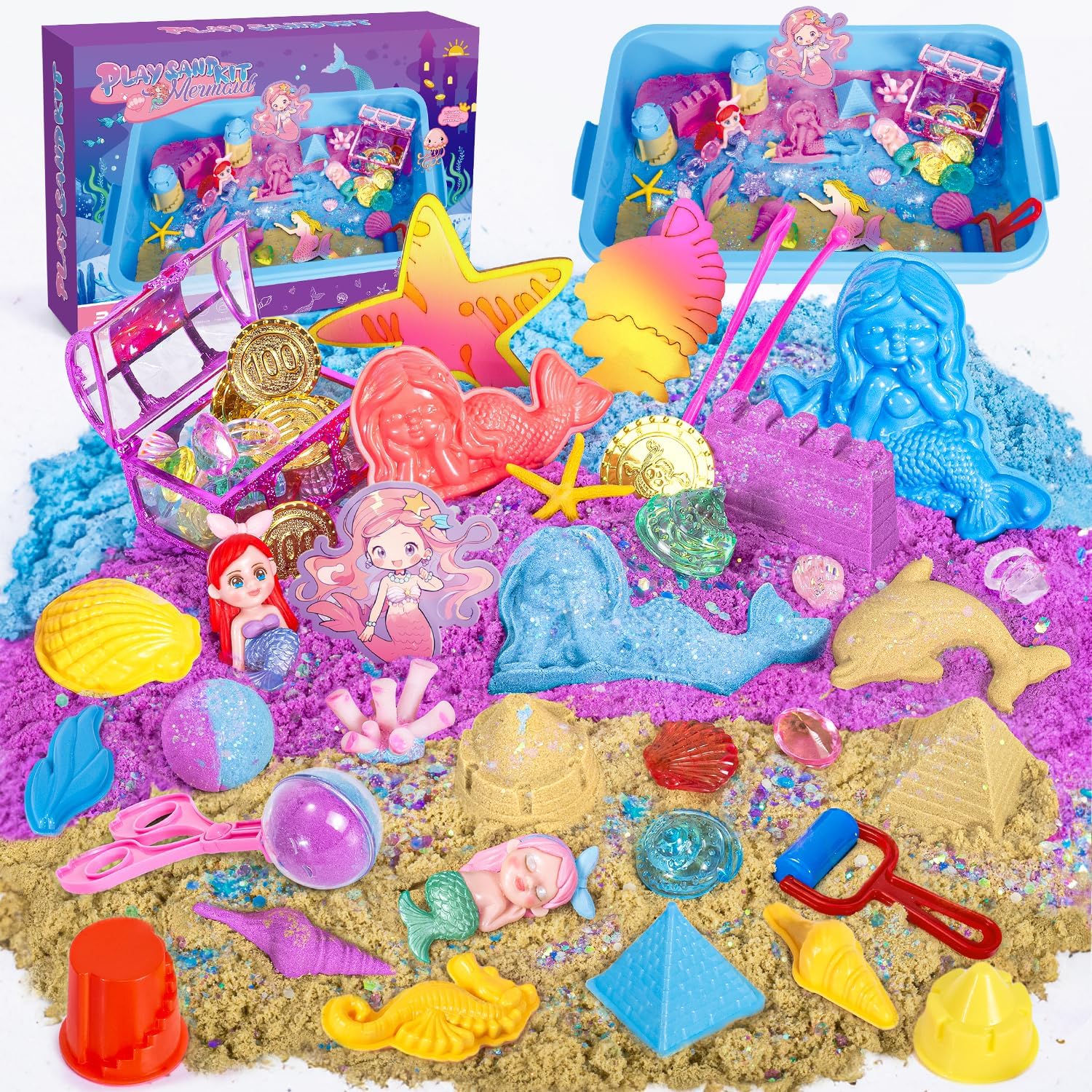 Hohosunlar Mermaid Sensory Bin Girl Toy, 2lbs Color Play Sand Art Kit w/Sandbox,...