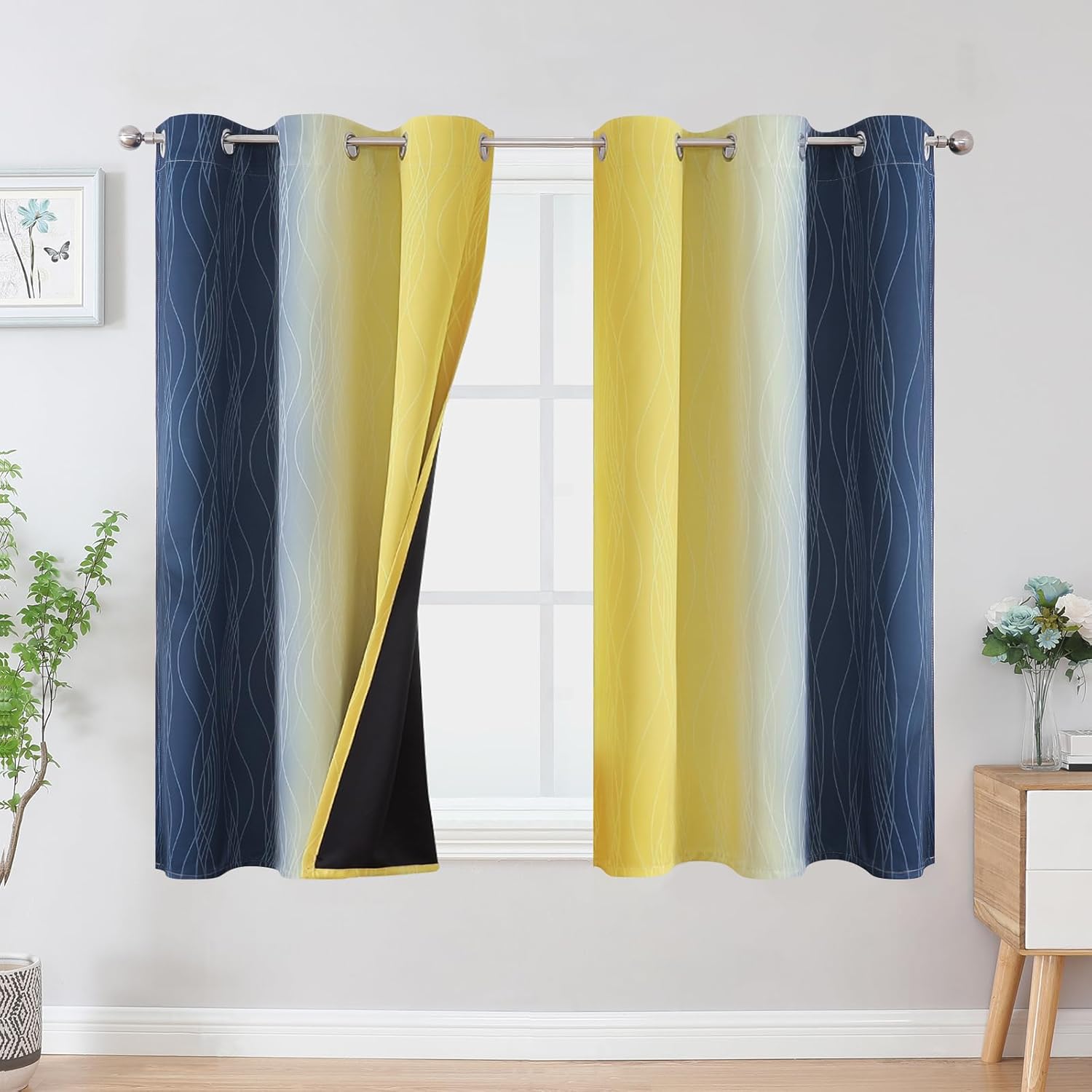 Estelar Textiler Navy Blue and Yellow Ombre Blackout Curtains 54 Inch Length 2 P...