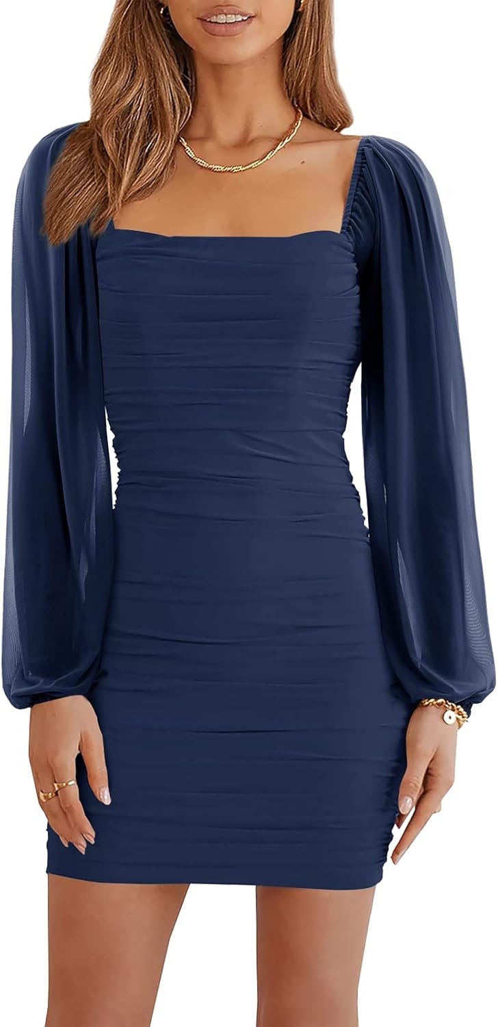 Wenrine Women's Mesh Long Sleeve Square Neck Ruched Party Club Cocktail Bodycon...