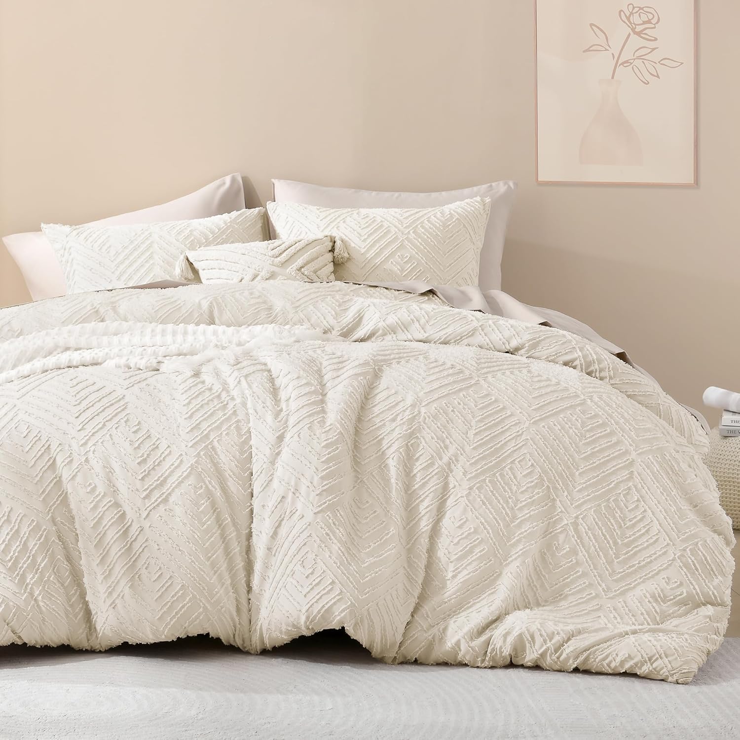 Litanika King Size Comforter Set Beige, 3 Pieces Cream Tufted Boho Farmhouse Bed...