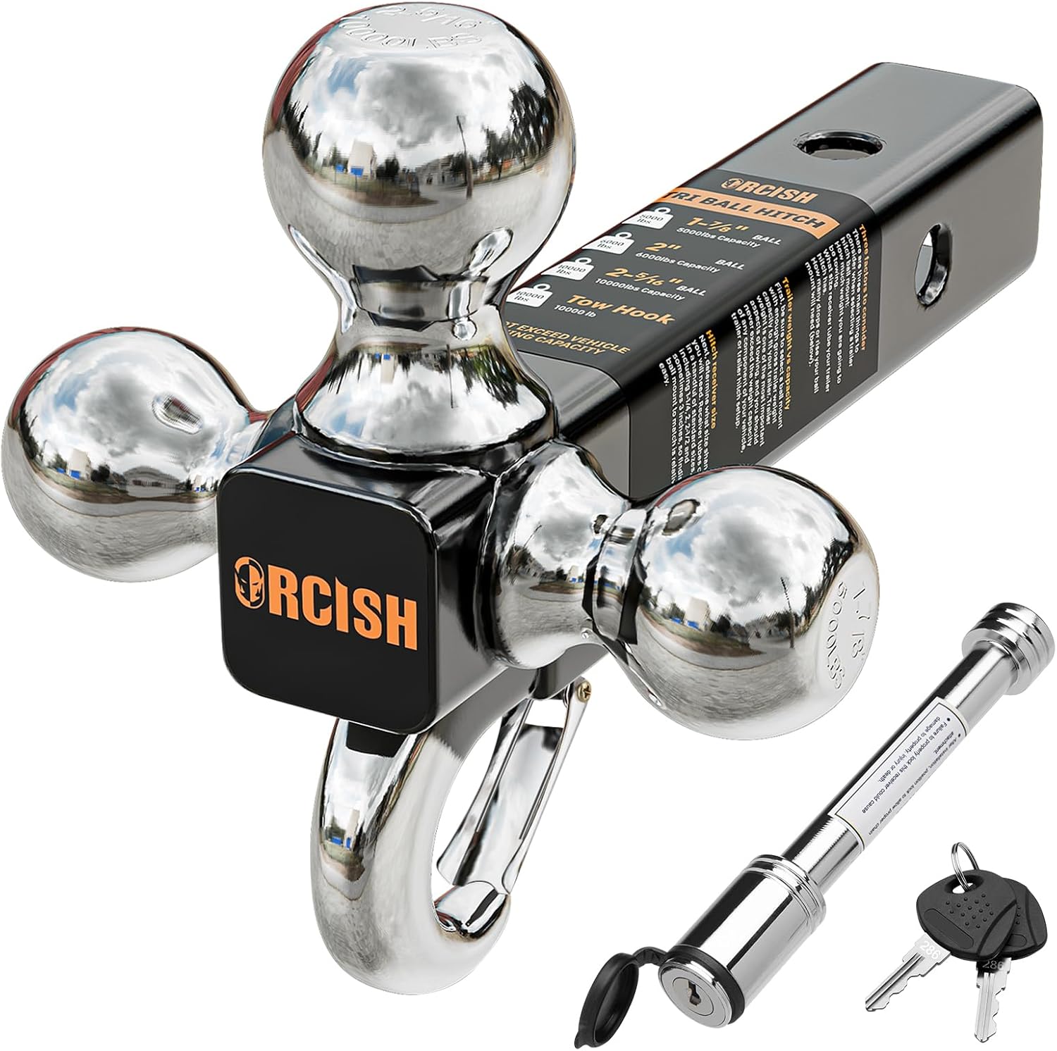 ORCISH Trailer Hitch Tri-Ball Mount with Hook Contain Secure Self-Lock Latch, Tr...