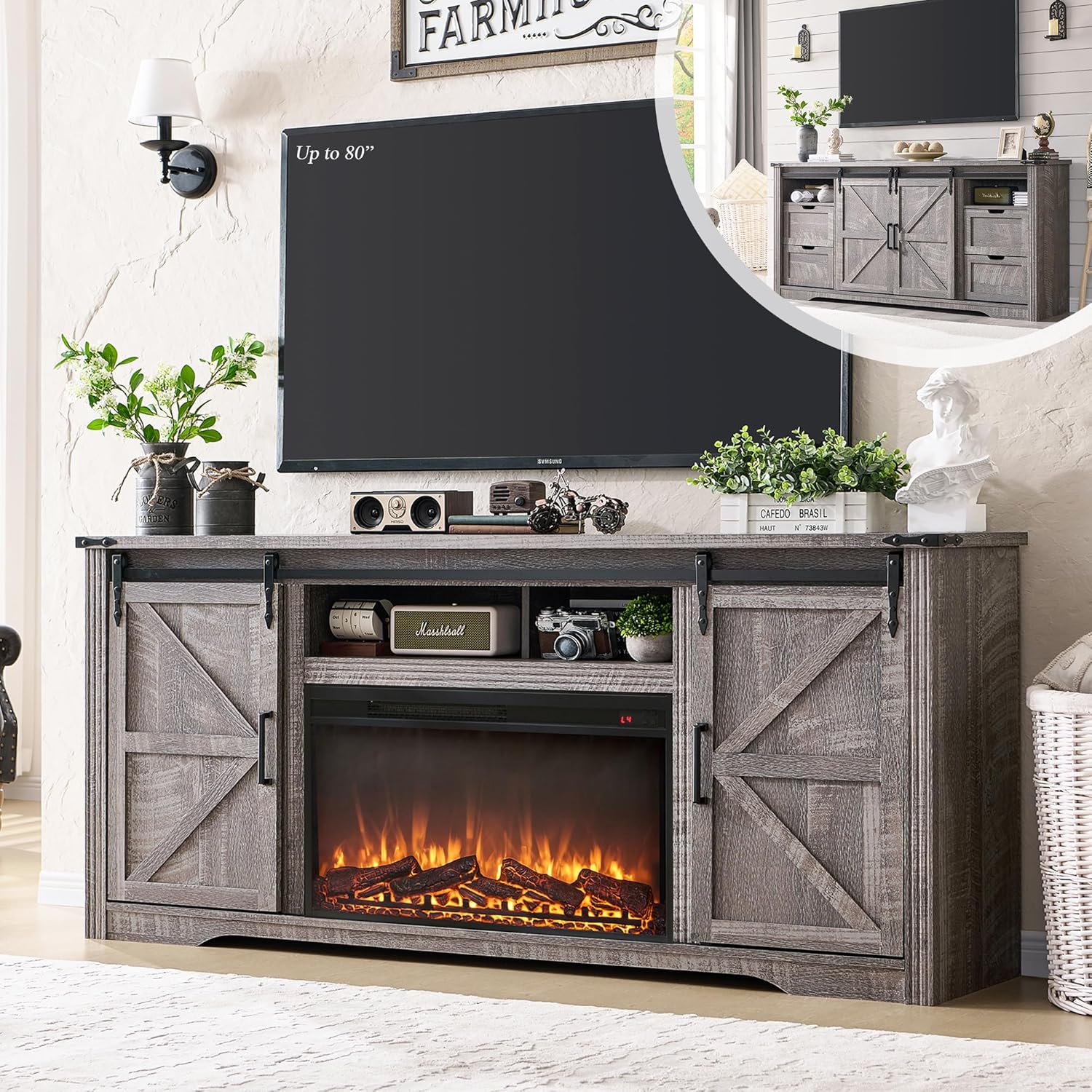 JXQTLINGMU Farmhouse Fireplace TV Stand for 80 Inch TV, 32" Tall Entertainment C...