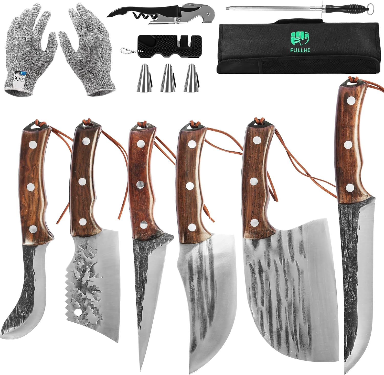 FULLHI Portable 12 Butcher knife set cleaver with knifebag woodhandle Hand Forge...