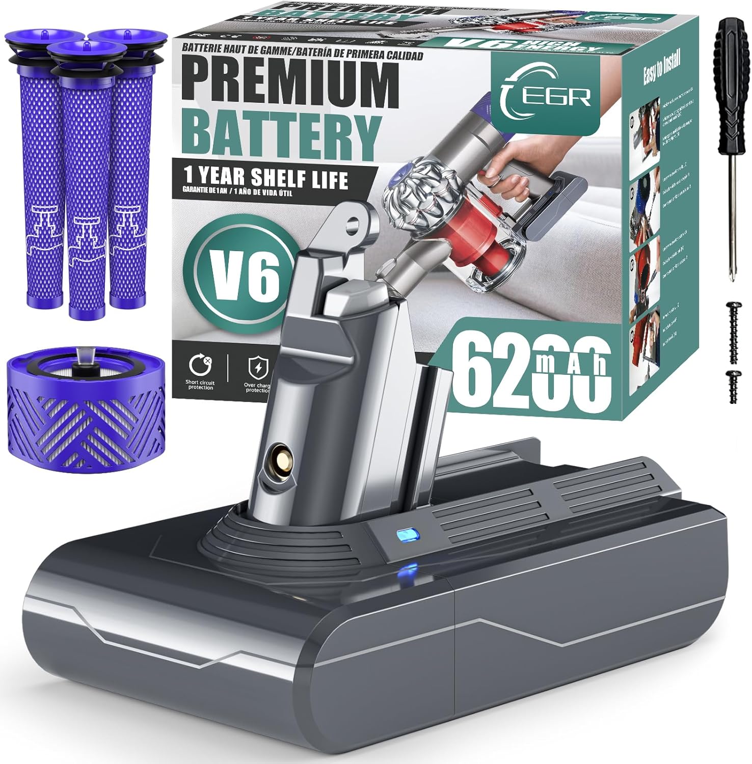 6200mAh V6 Battery Replacement Compatible with Dyson V6 Battery V6 Animal V6 Abs...