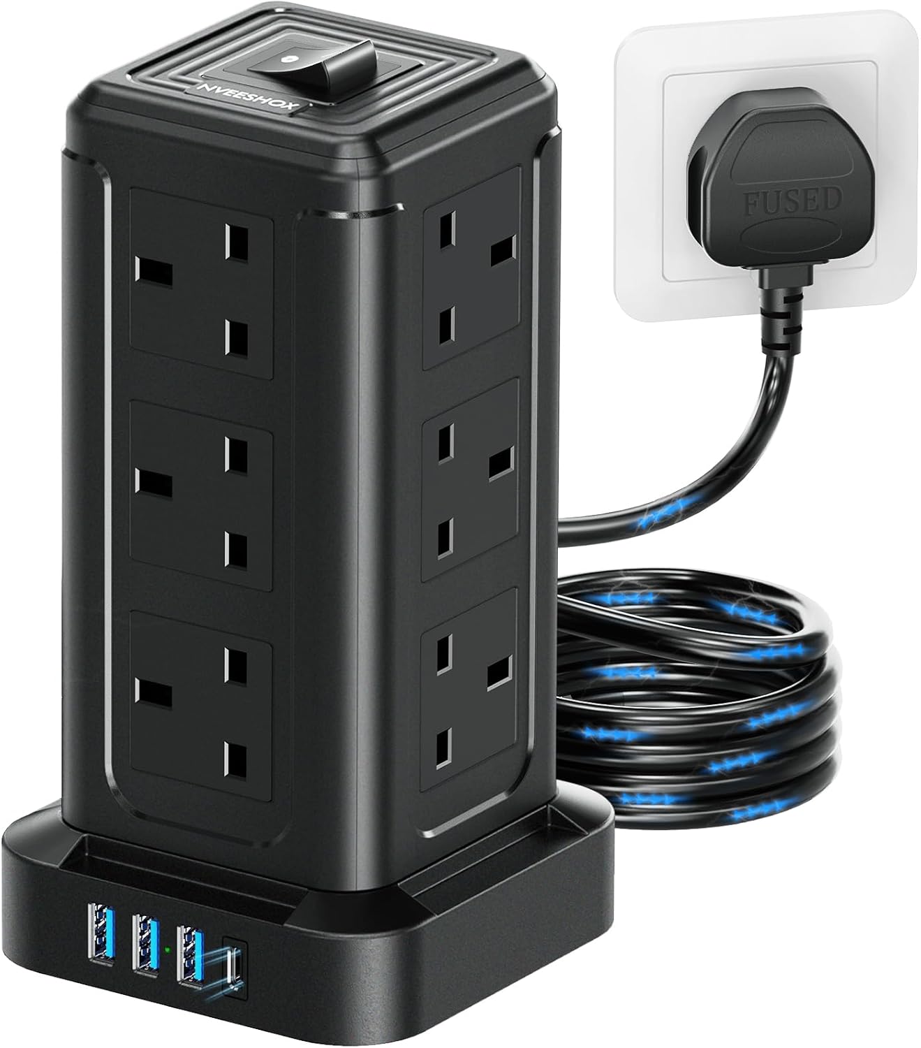 Tower Extension Lead with USB Slots 2M, 12 Way Surge Protector Extension Lead wi...