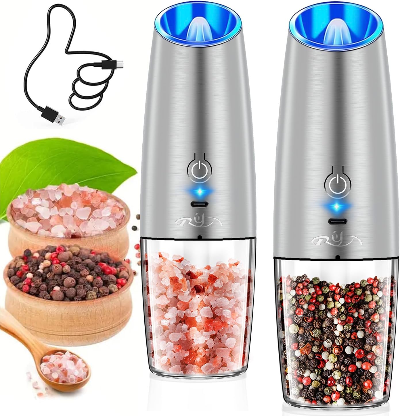 Rongyuxuan Upgraded Rechargeable Gravity Electric Salt and Pepper Grinder Set wi...