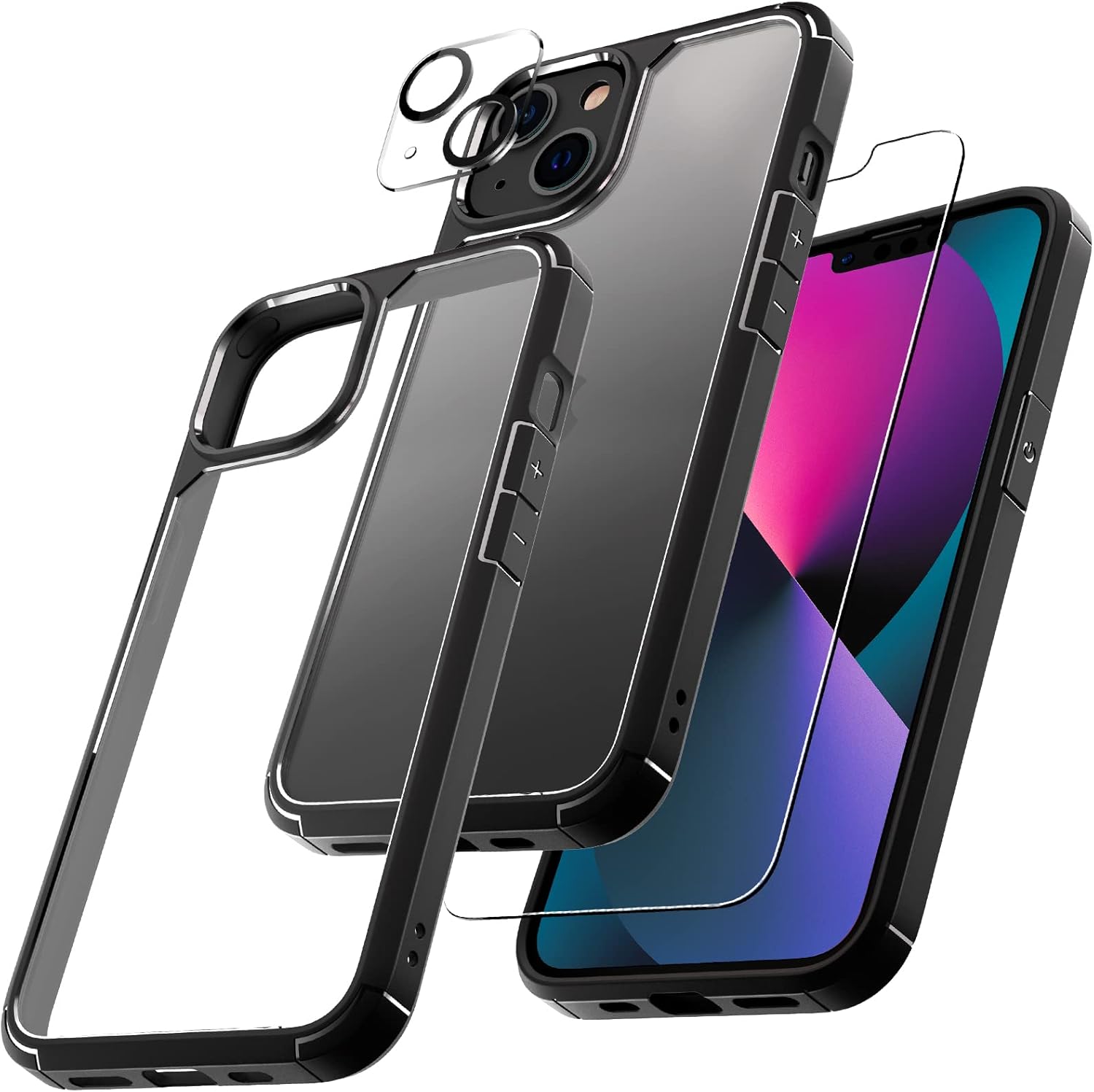 TAURI 3 in 1 Designed for iPhone 13 Case Black, [Not-Yellowing] and 2X Tempered...