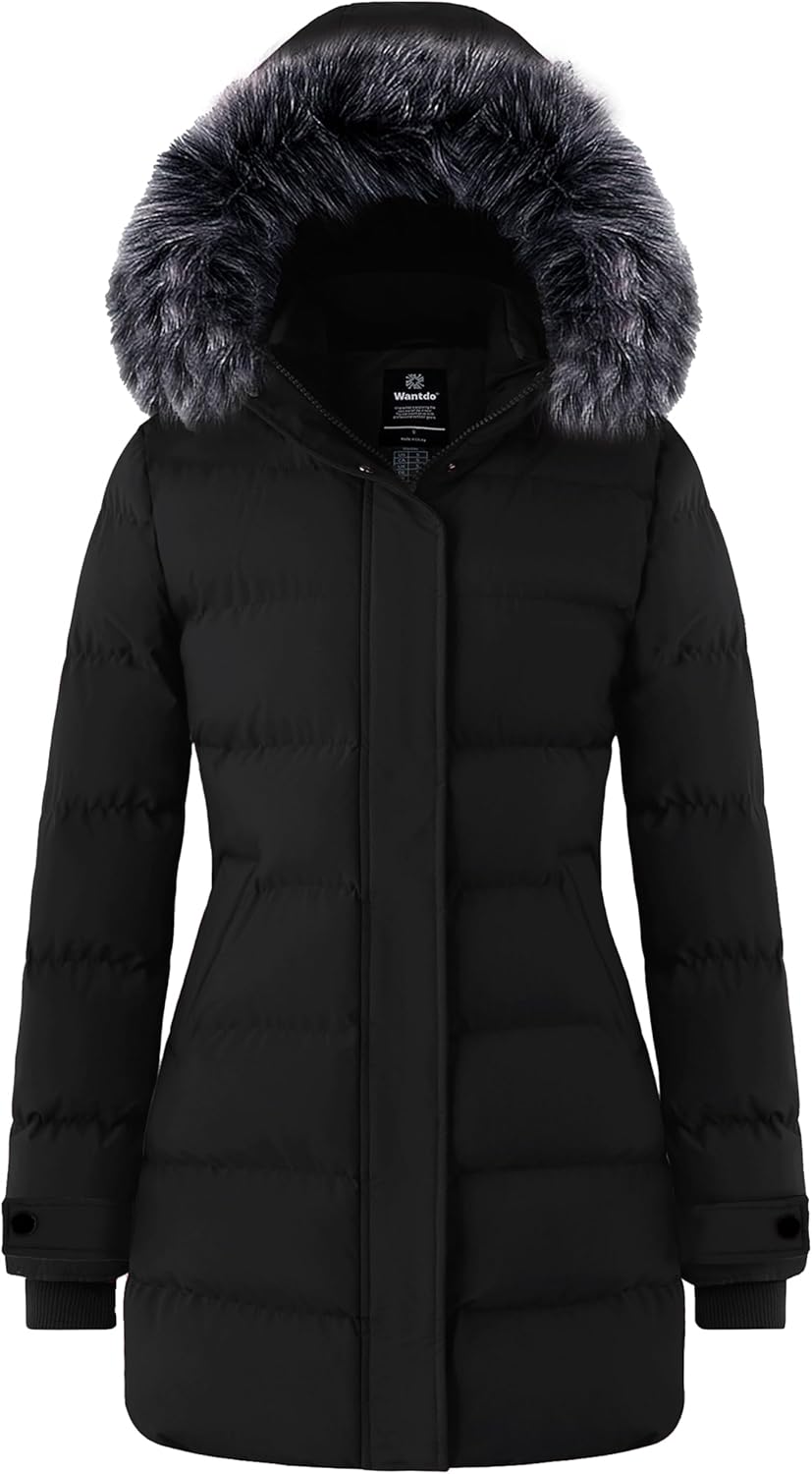 wantdo Women's Long Quilted Winter Coat Thicken Puffer Jacket with Faux Fur Hood...