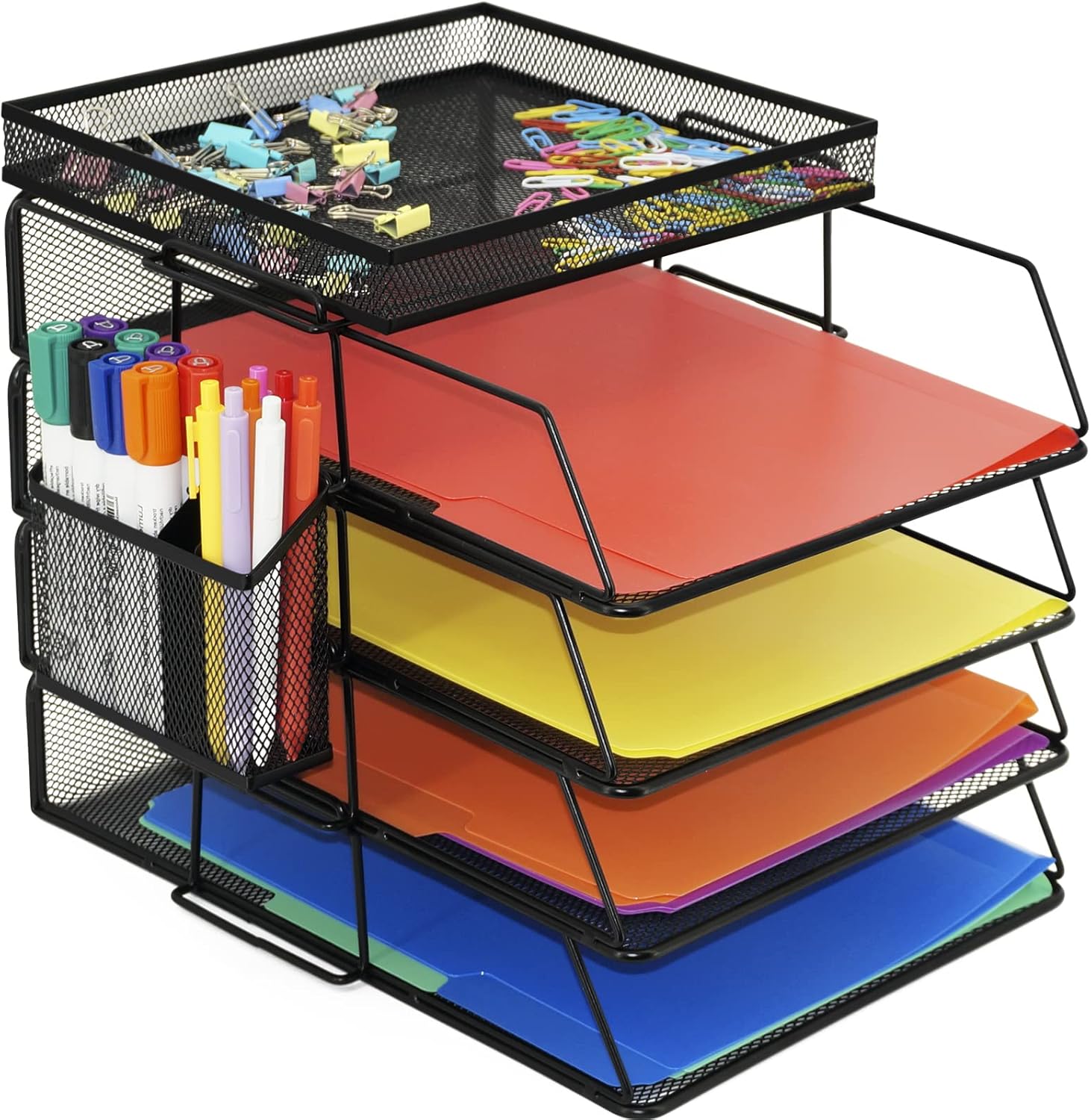 4-Pack Stackable Desk File Document Letter Tray with Extra Drawer and Pen Holder...