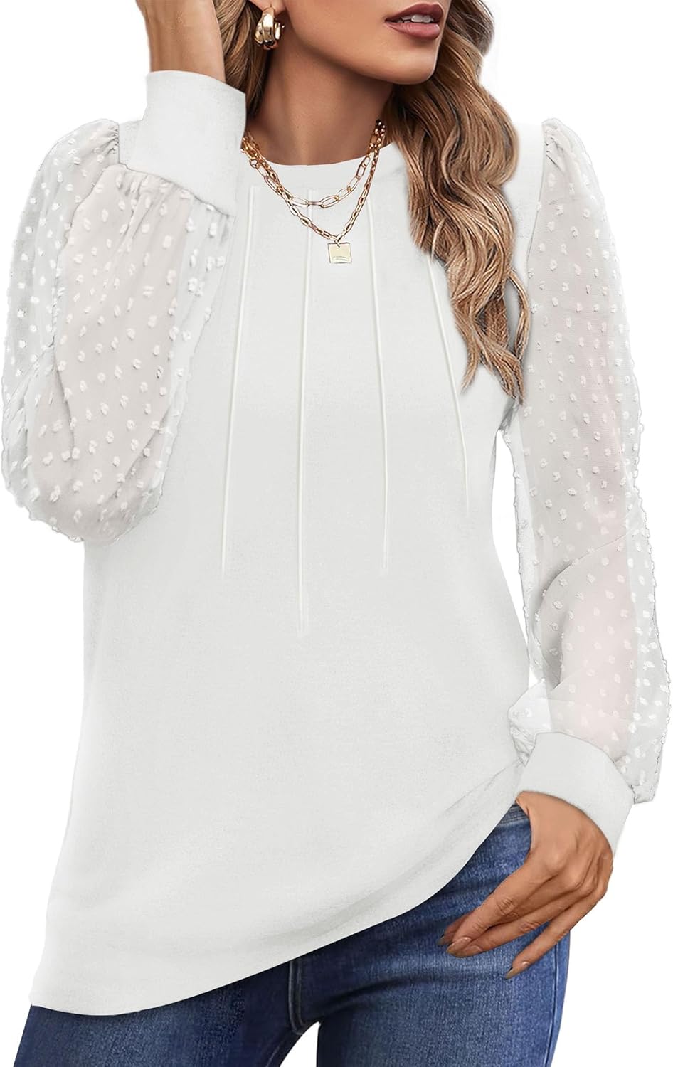 OFEEFAN Long Sleeve Shirts for Women Swiss Dot Puff Sleeve Pleated Fall Tunic To...