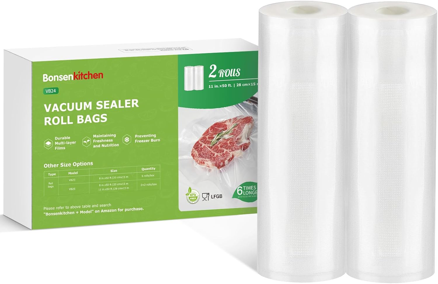 Bonsenkitchen Vacuum Sealer Bags Rolls, 11 in x 50 ft Rolls 2 pack Durable Food...