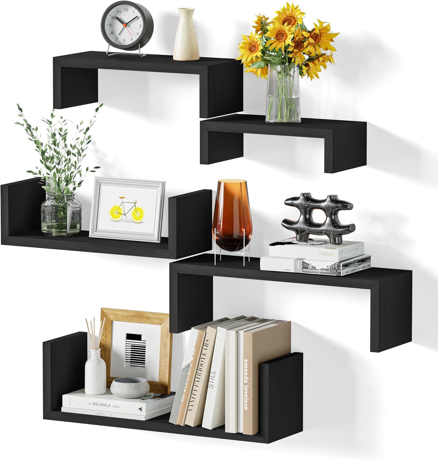 SRIWATANA Black Floating Wall Shelves Set of 5, Wooden Shelves for Wall Decor, D...