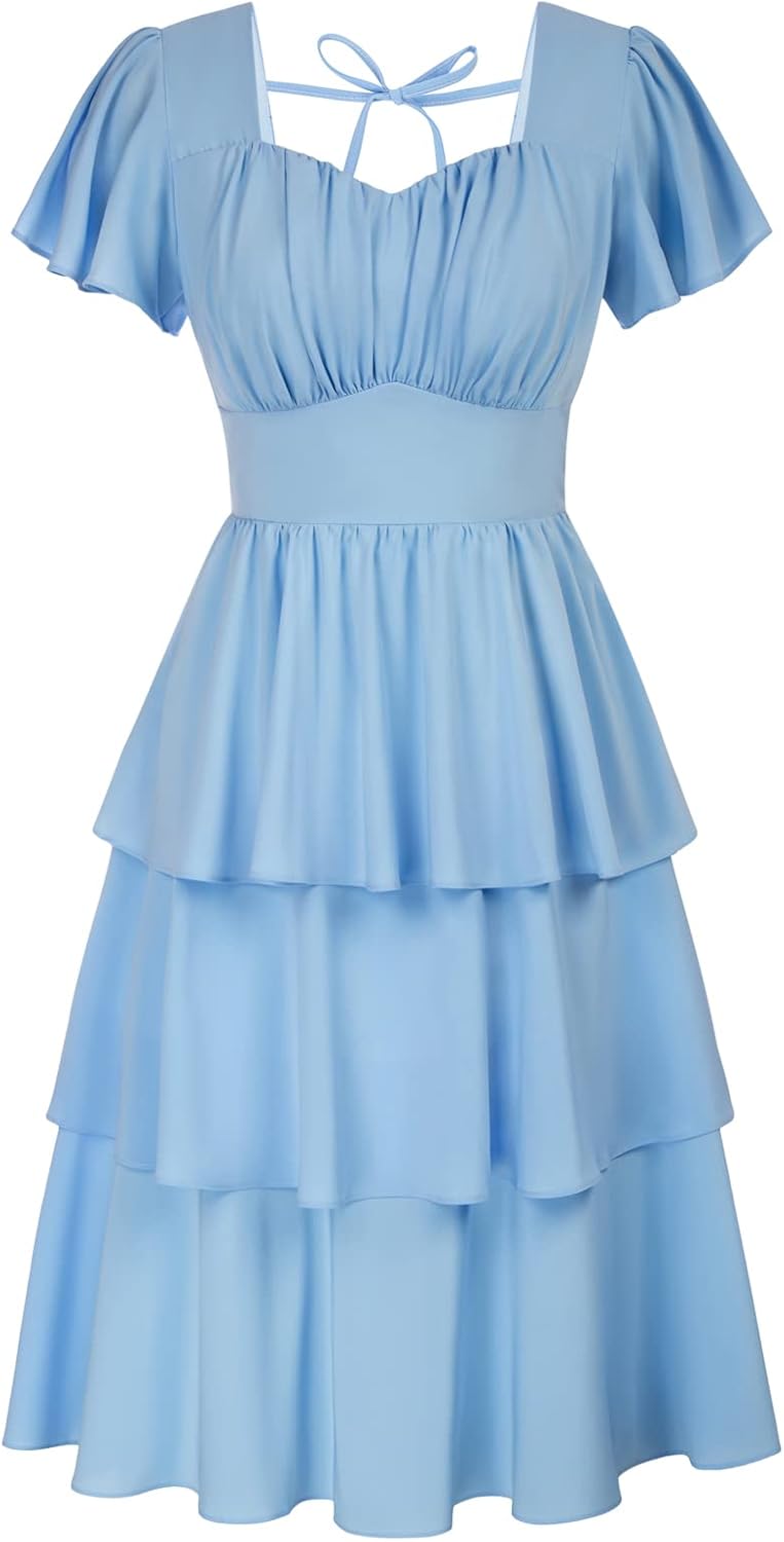 Belle Poque Women's Square Neck Tiered Ruffle Dress 2025 Summer Vintage Short Sl...