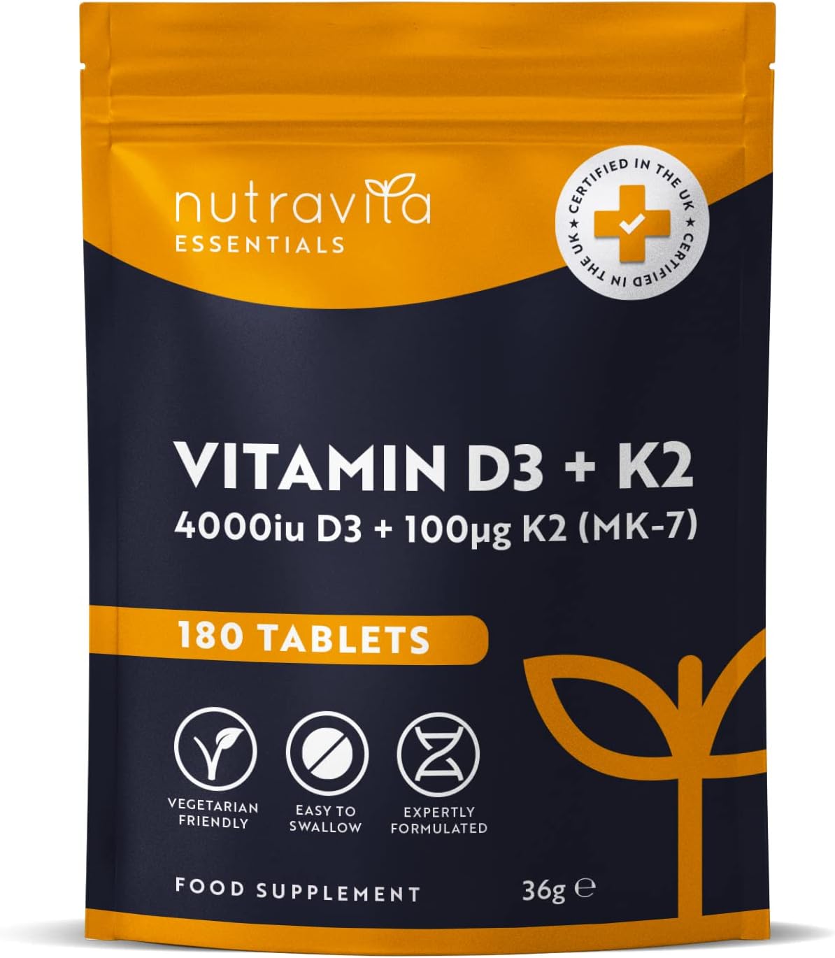 Vitamin D3 4000 iu & Vitamin K2 100μg (MK7) – 180 Vegetarian Tablets – 6 Month S...