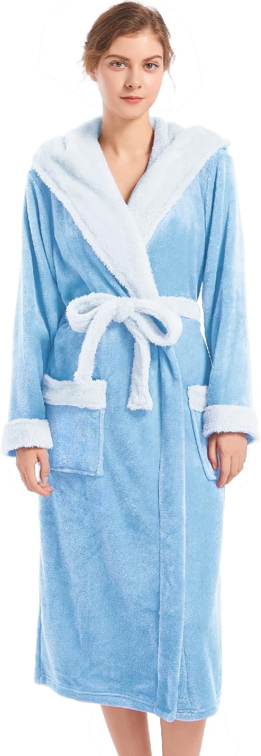 Inner Wish Women Hooded Plush Robe, Fleece Cozy Warm Bathrobe Large-X-Large Sky...