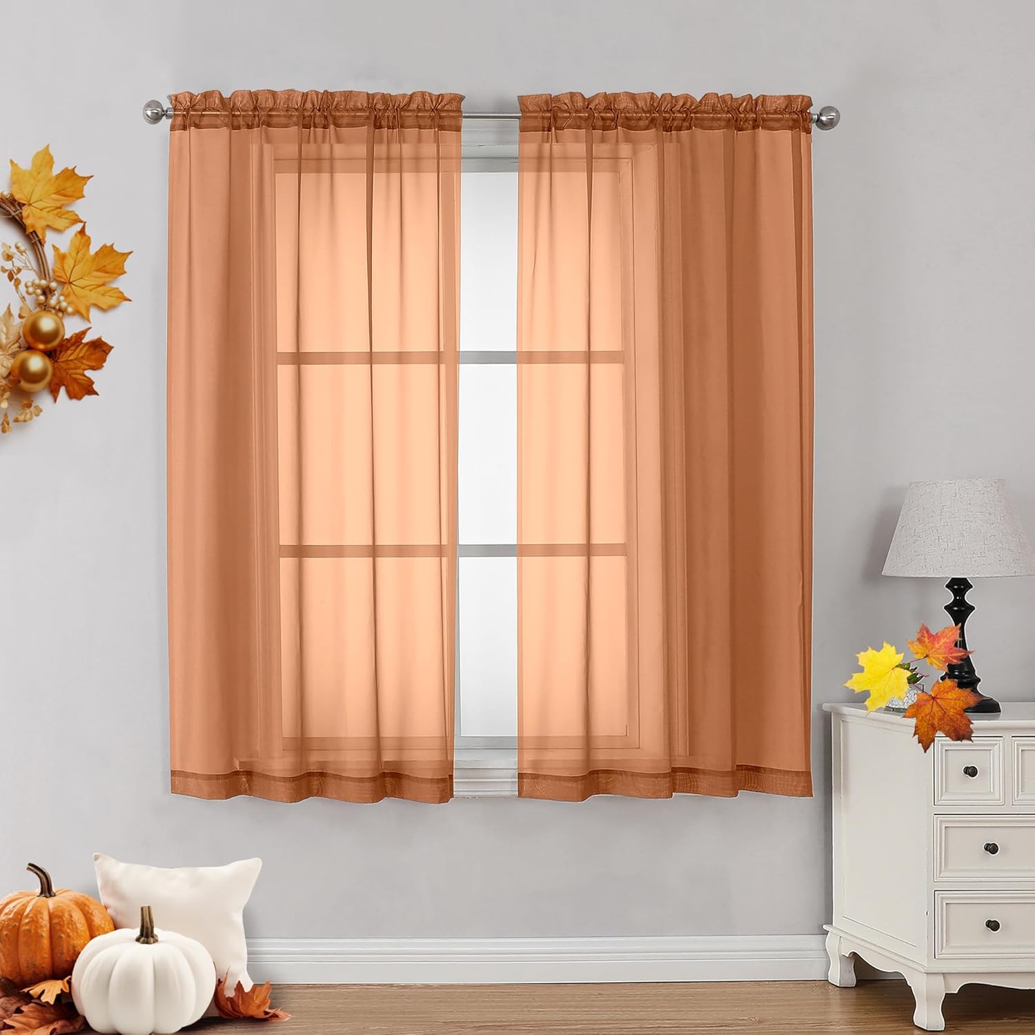 OVZME Orange Sheer Curtains 45 Inches Long 2 Panels, Light Filtering Sheer Curta...