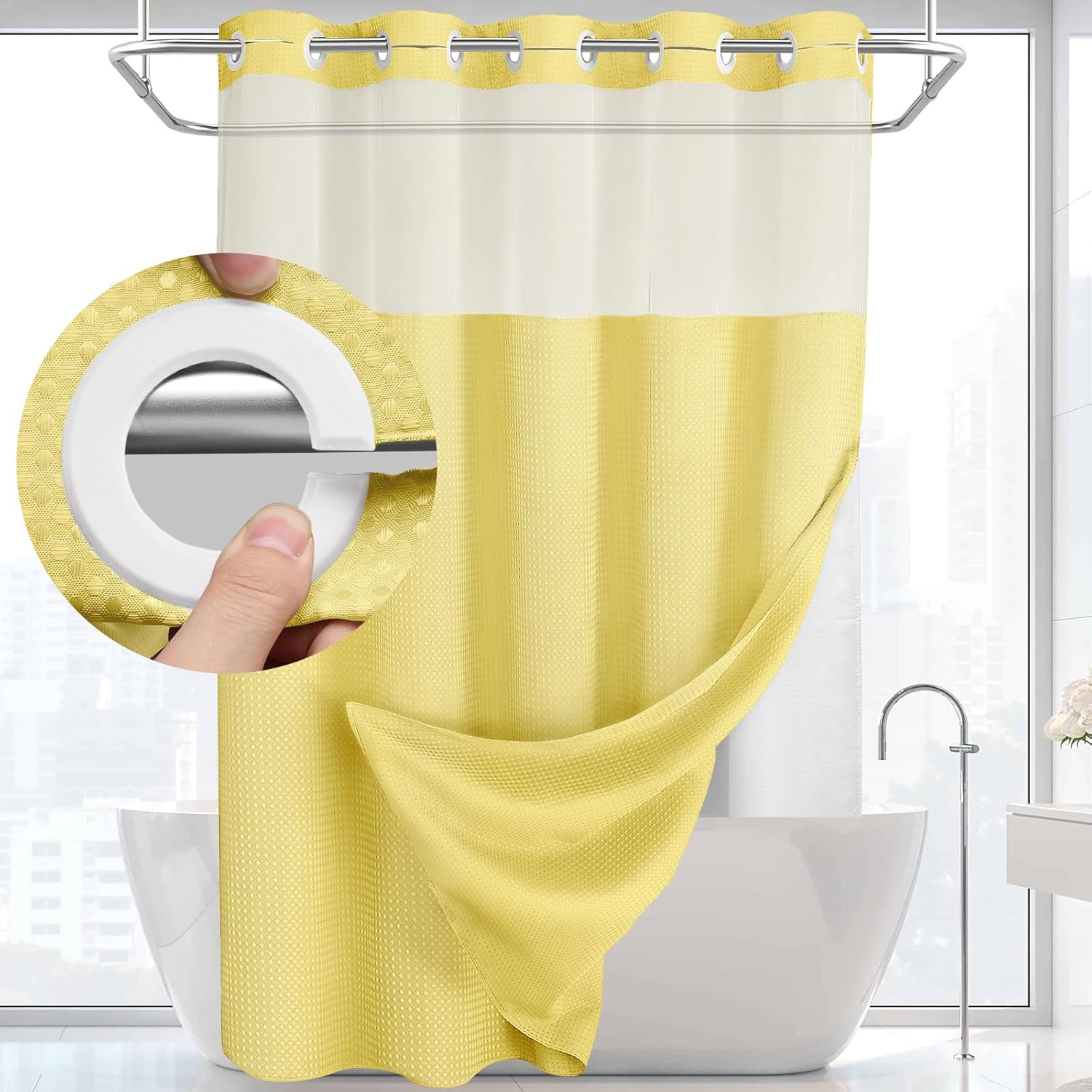 No Hook Shower Curtain with Snap in Liner Set Less Time Yellow Waffle Shower Cur...