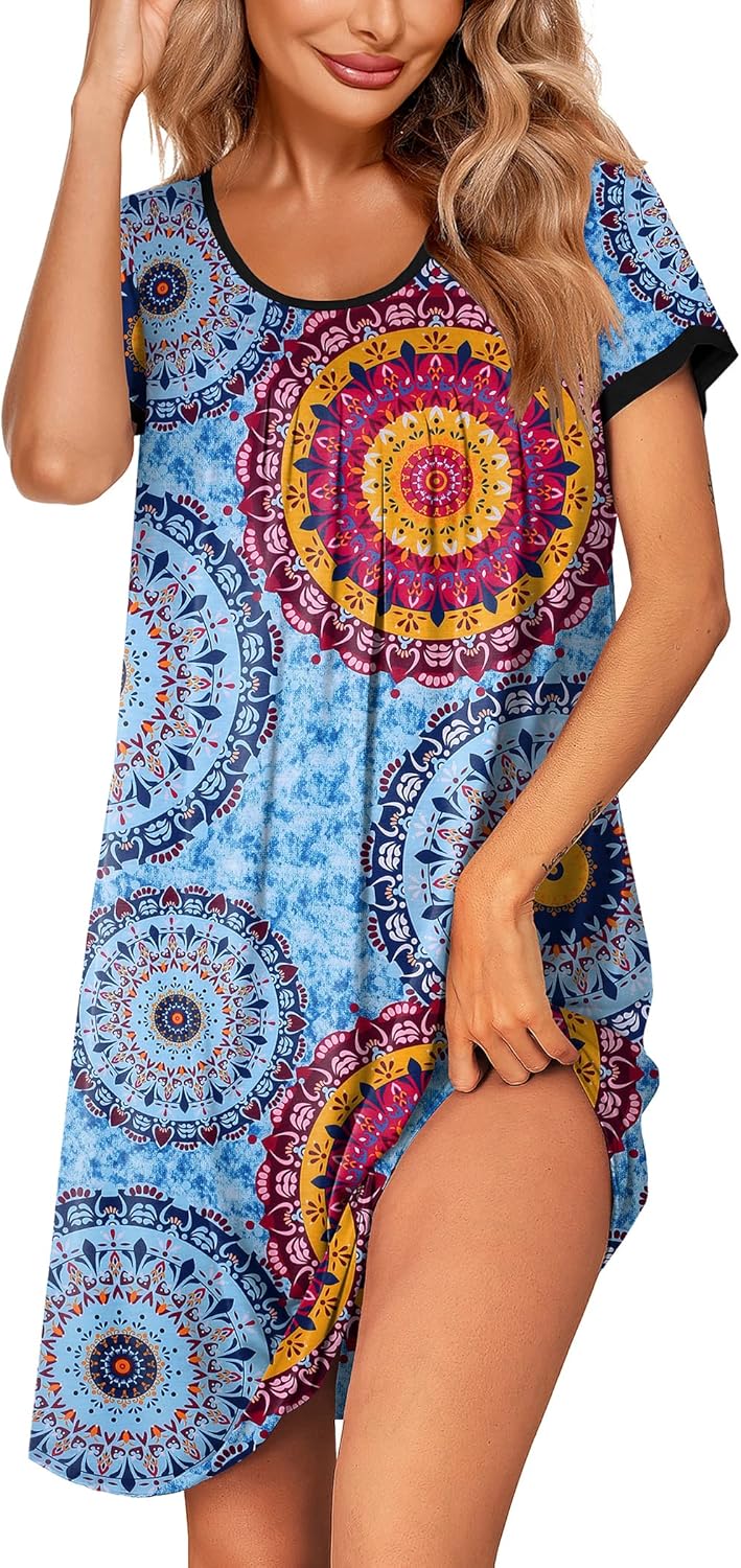 Ekouaer Women's Nightgown Short Sleeve Sleepwear Comfy Sleepshirts Pleated Scoop...