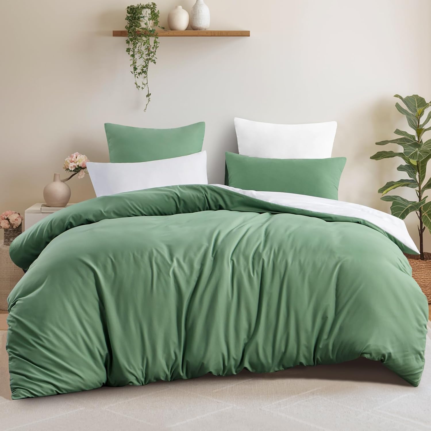 Aisbo Double Size Duvet Cover Set - 3Pcs Reversible Bedding Bed Set Green and Wh...