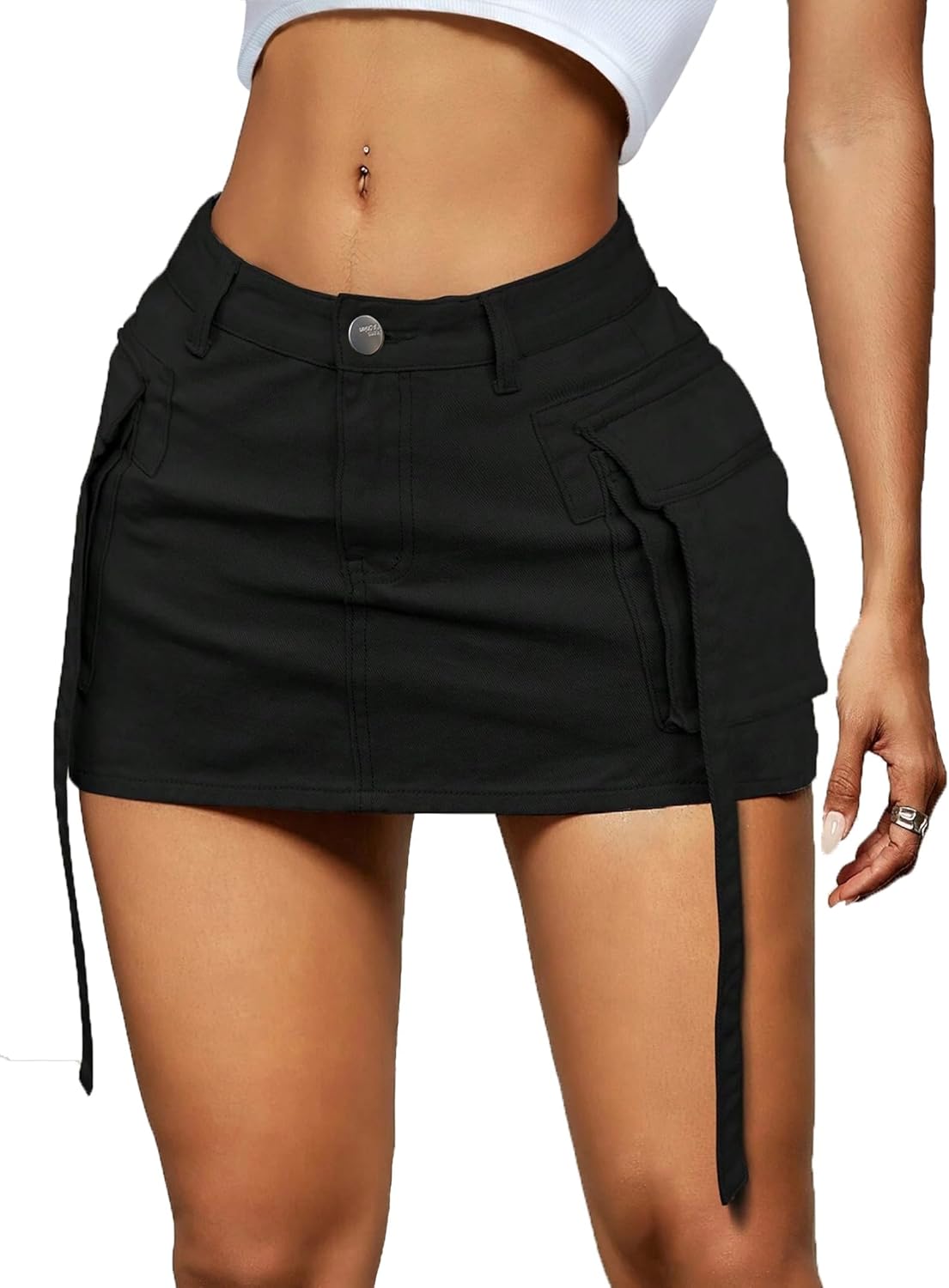 Women Cargo Skirt Denim Mini Low Waist Y2K Jean Skirts with Pockets Large Black