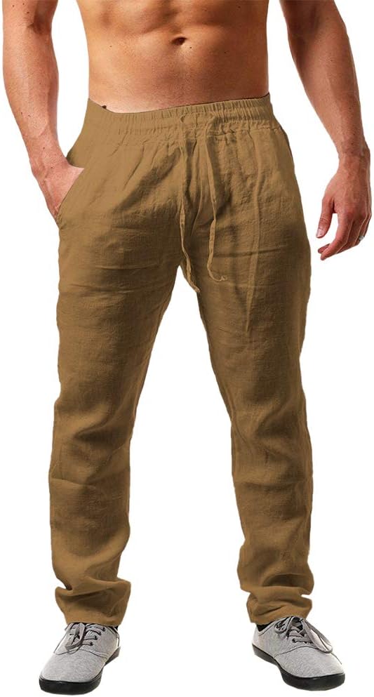 PASLTER Mens Casual Linen Pants Loose Fit Elastic Drawstring Waist Straight-Legs...