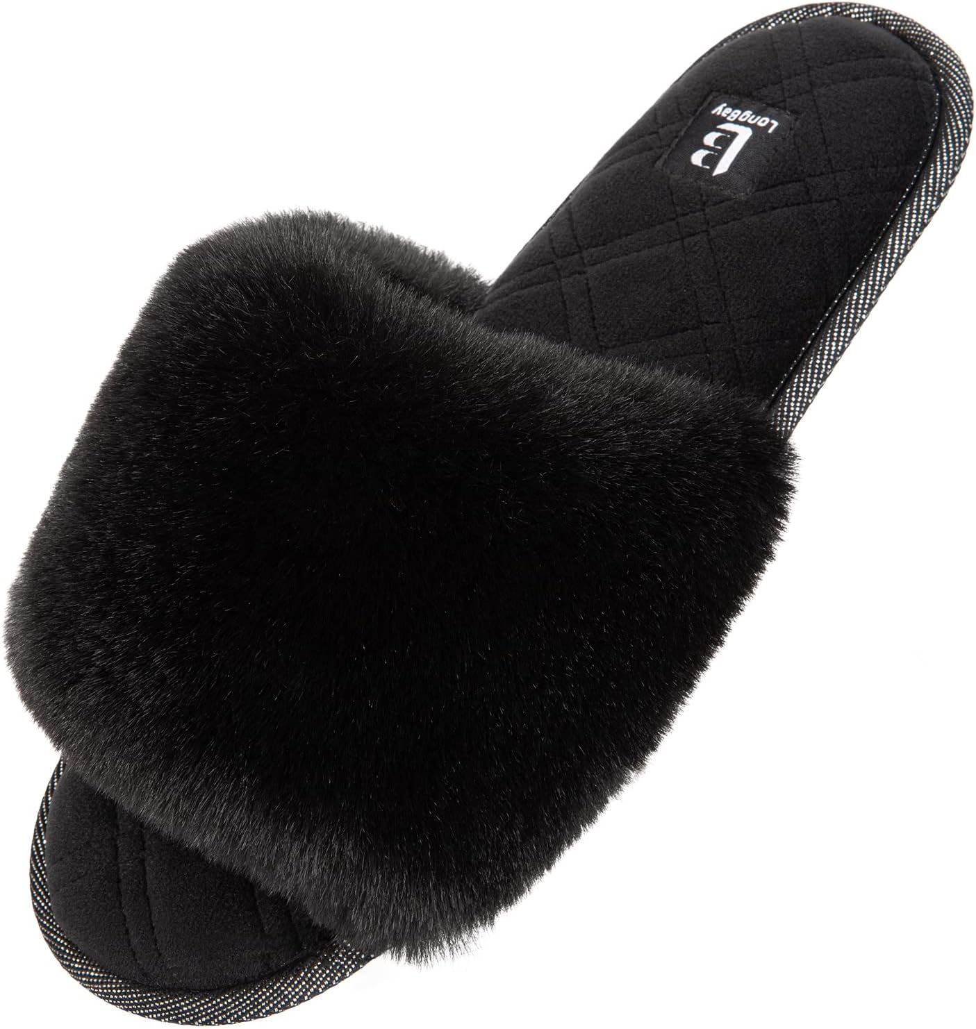 LongBay Ladies' Fluffy Faux Fur Slippers Open Toe Memory Foam Comfy Flat Summer...