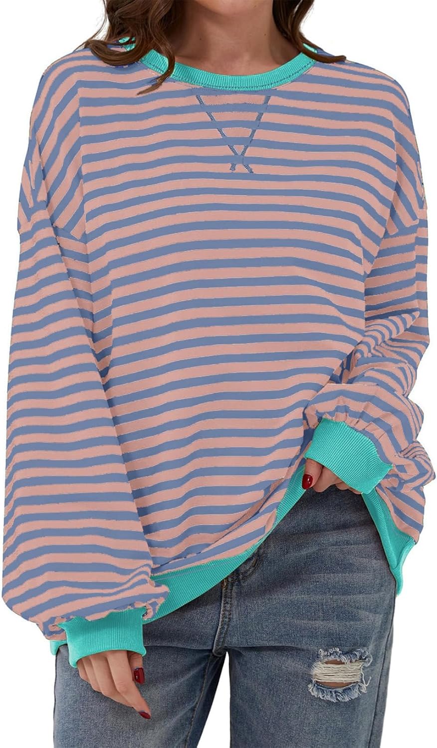 AlvaQ Womens Oversized Sweatshirt 2024 Casual Crewneck Long Sleeve Colorblock St...