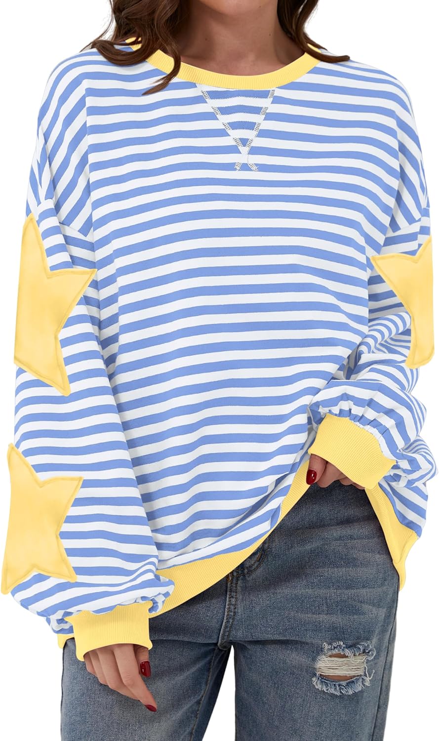 Women Oversized Striped Color Block Long Sleeve Crew Neck Sweatshirt Casual Loos...