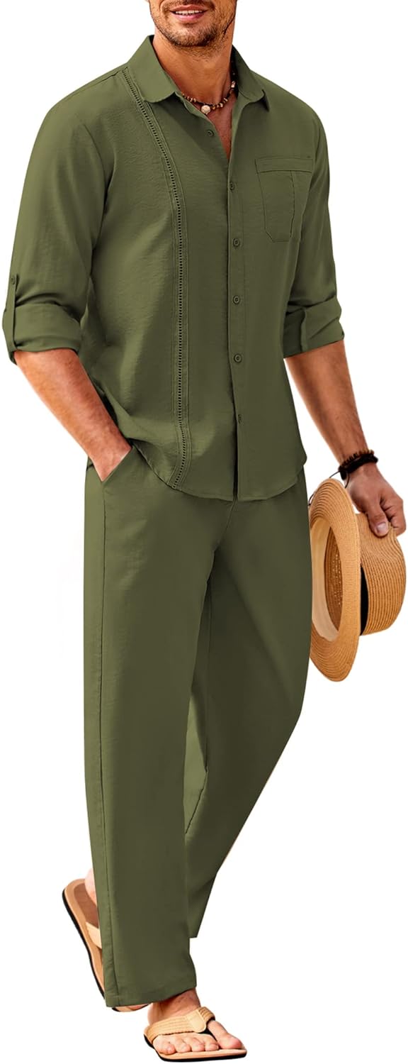 COOFANDY Mens Linen Sets 2 Piece Long Sleeve Button Down Cuban Shirt and Pants S...