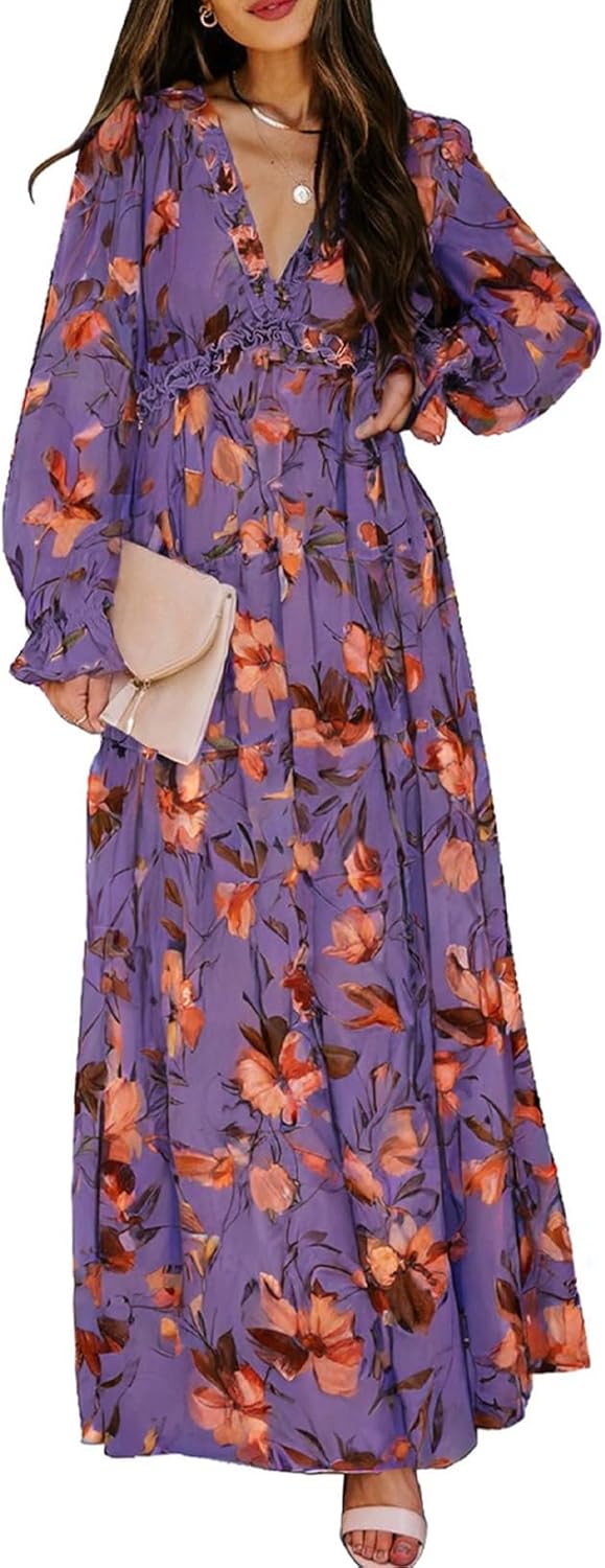 BLENCOT Womens Casual Boho Deep V Neck Short Sleeve Long Dress Purple Small