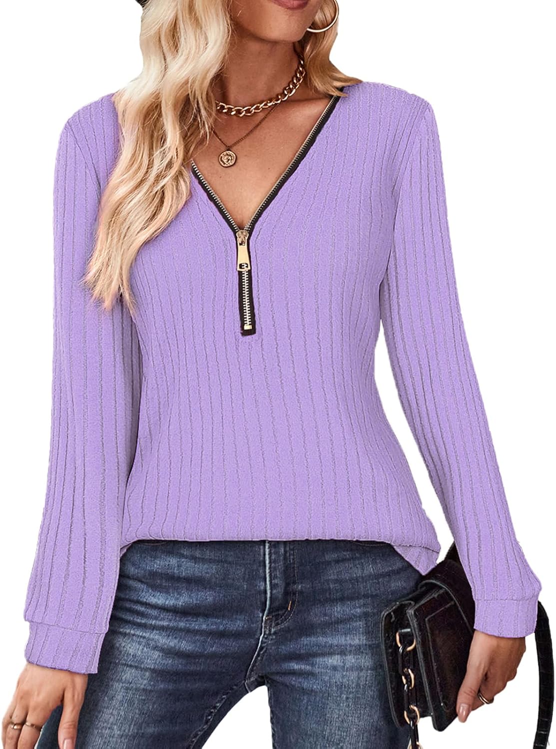 Gemulate Womens Long Sleeve Tops Ladies Lightweight Knit Jumpers V Neck Zipper S...