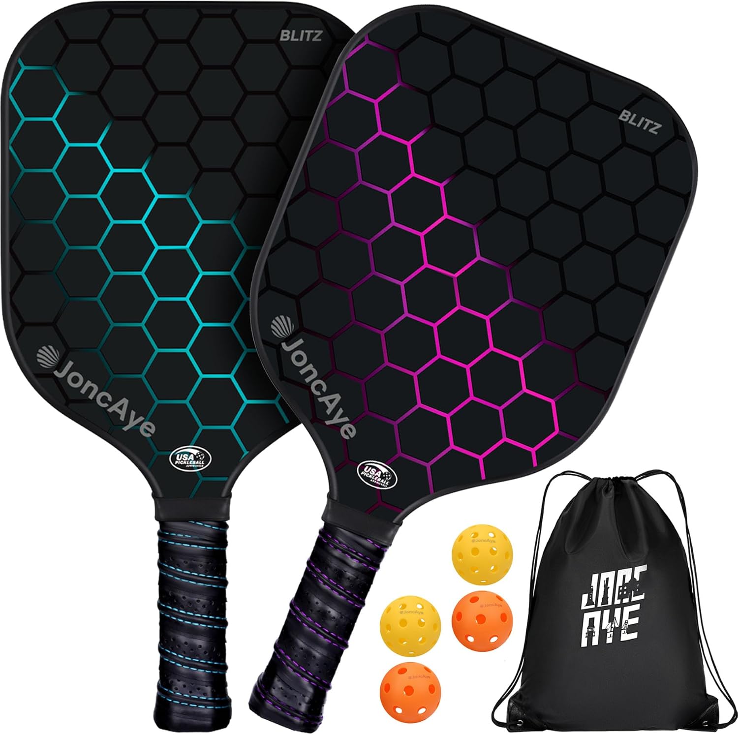 JoncAye Pickleball-Paddles-Set of 4 or 2 Rackets with Balls and Bag | USAPA Appr...