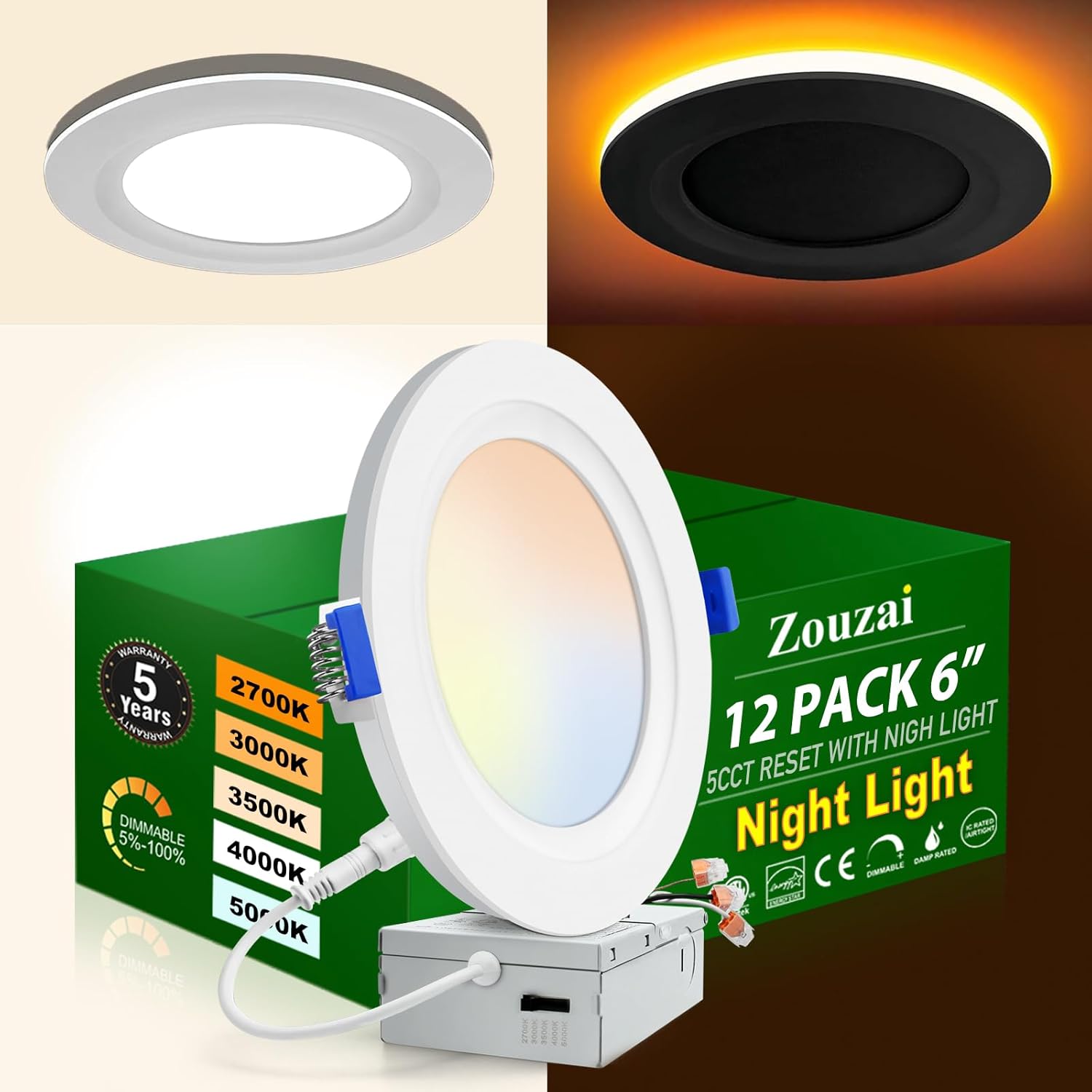 zouzai 12 Pack 6 Inch 5CCT LED Recessed Ceiling Light with Night Light, 2700K/30...
